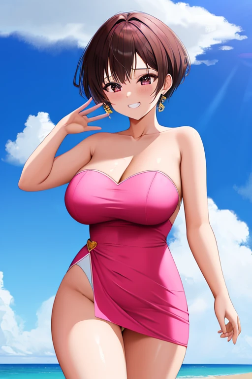 s3r1p4 ,bare shoulder, grin, strapless, pink dress, skin-tight dress, walking, beach background, ocean, blue sky, white clouds.