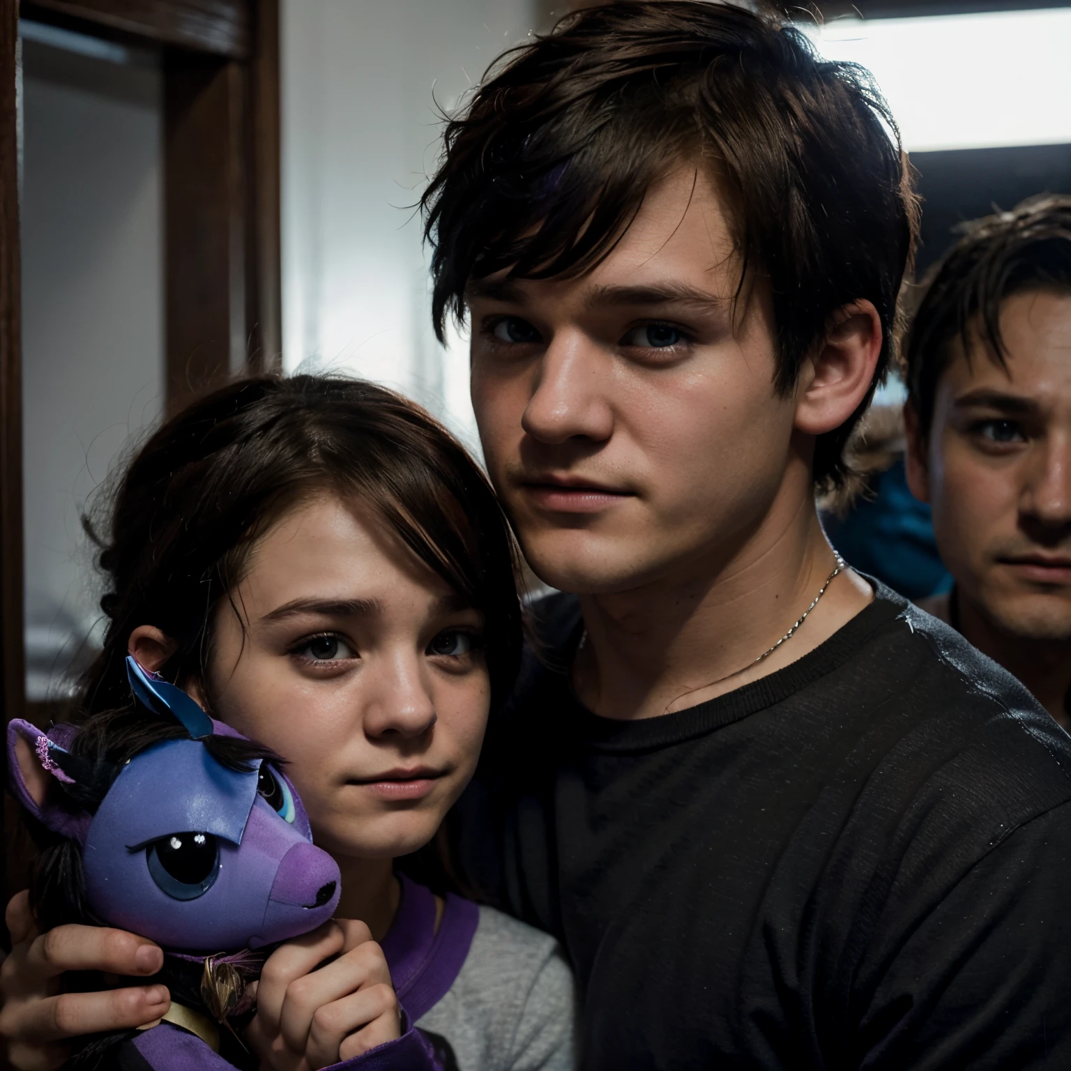 I want a picture of Josh hutcherson with twilight sparkle with mordecai in the back crying