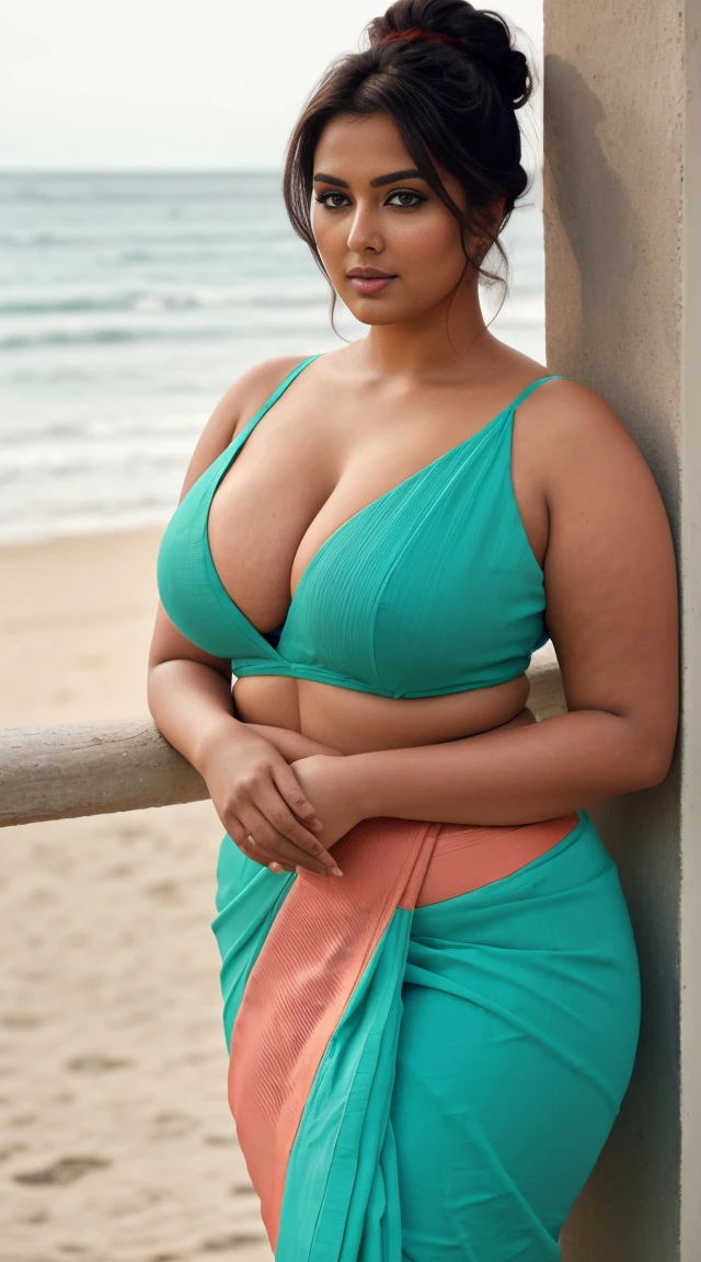 Indian beautiful woman sexy curvy plus size model wearing modern diferrent color sari front facing to camera in standing position, curvy plus size figure,big m-cup breasts, side bun hairstyle, bright eyes, thin eyebrows, fair skin, blushing cheeks, prefect curvy body, head to thigh view,beautiful sea beach background