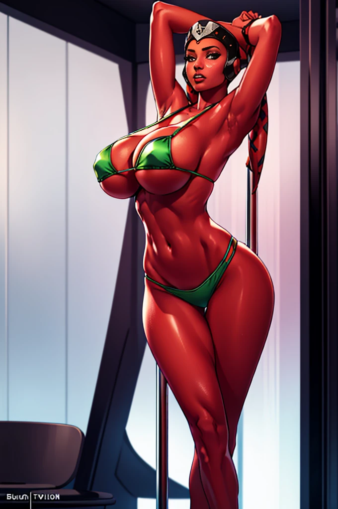1girl, huge tits Twi'lek, busty, masterpiece, best quality, highly detailed, award winning, high definition, ((red skin), twi'lek), ((green skimpy bikini))), panties), ((busty), slender body, thin, slim sexy body, slim waist, (((huge boobs, huge breasts)))), Imperial starship, Star Wars, club, sexy big tits, dancing on a pole