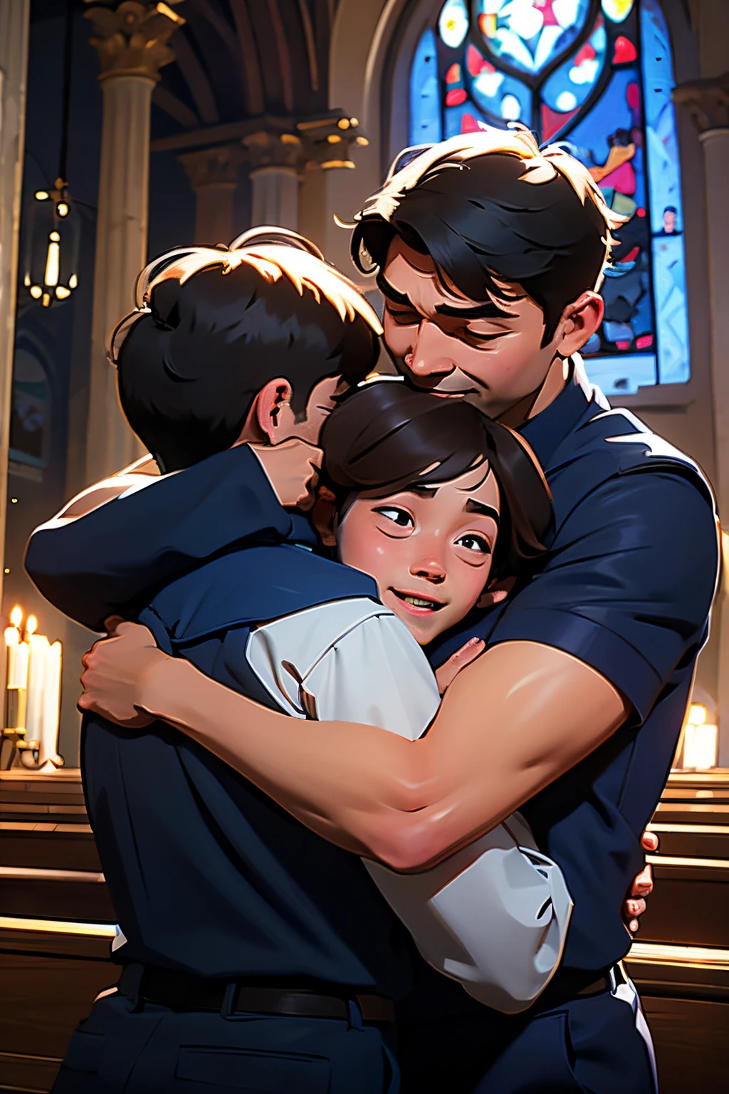 three brothers hugging together in church