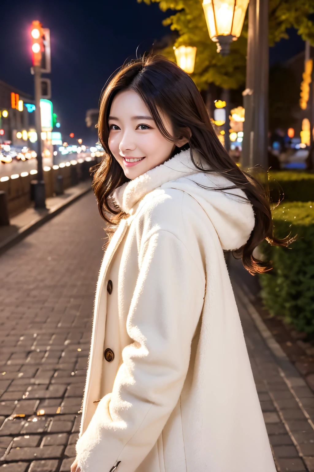 (top-quality、8K、32K、masterpiece,)Night city、Brick walkway、beautiful shining city、Colorful lights on street trees、warm illumination、Beautuful Women、Wearing a white coat、wearing a fluffy scarf、Hair fluttering in the wind、shy-smile、profile