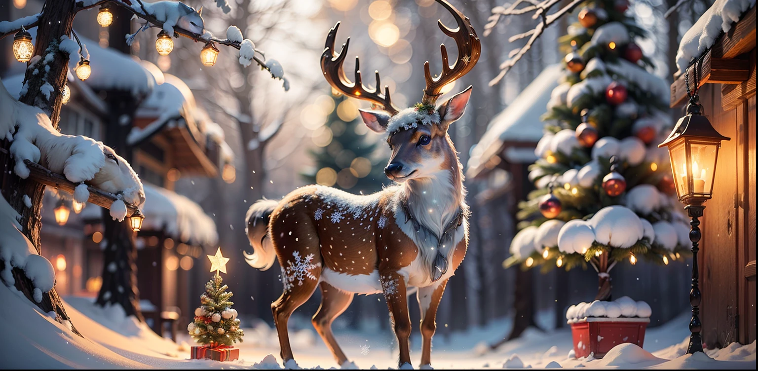 A cute Christmas deer in the forest。Christmas atmosphere,Christmas tree,starlights。detailed ornaments, Intricate ornaments, decorative, Super detailed decoration, 8K details, 8K details, Sparkling multi-dimensional decoration, 8K detail post-processing --auto --s2