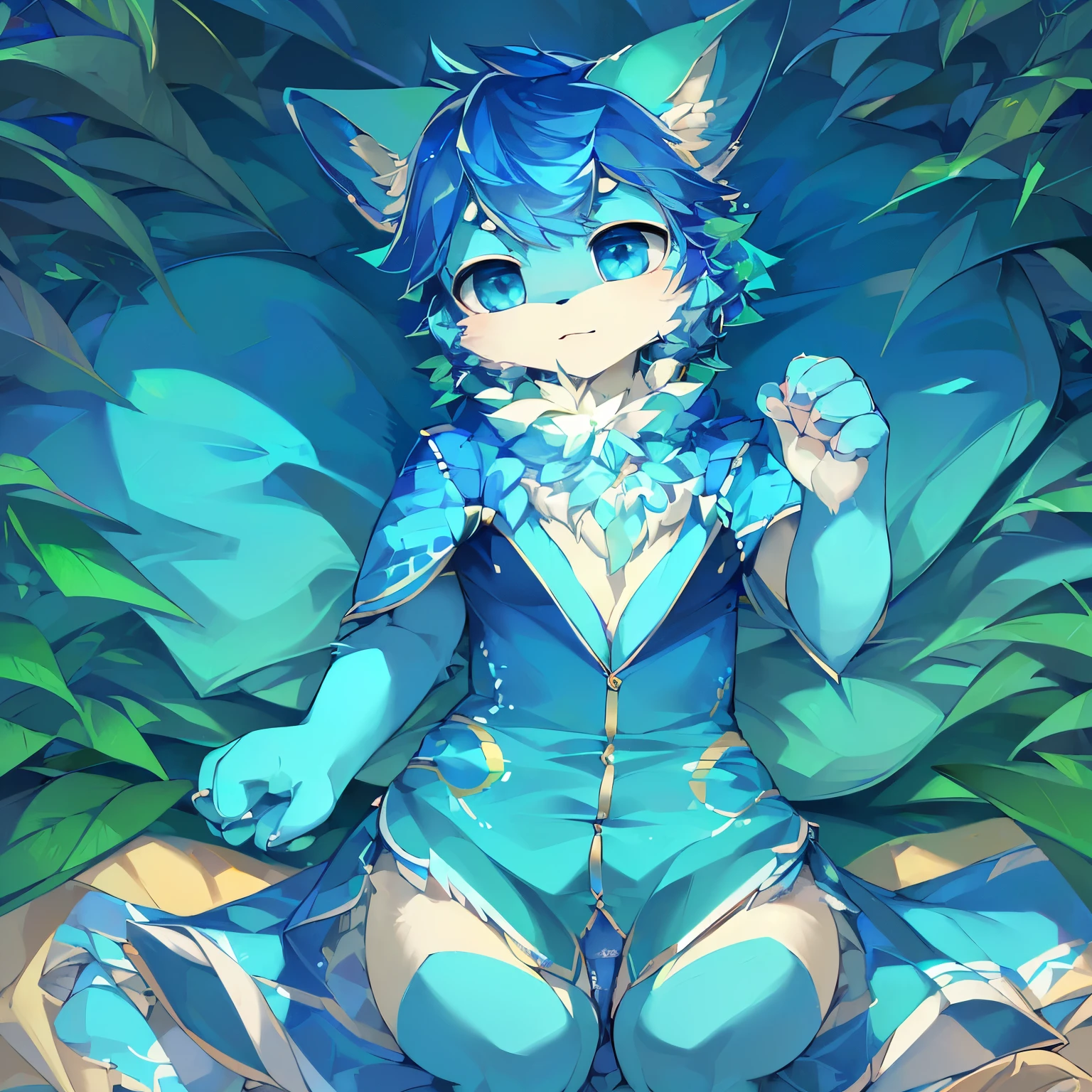 (best quality,4k,8k,highres,masterpiece:1.2),ultra-detailed,(realistic,photorealistic,photo-realistic:1.37),blue hair,blue ears,(vibrant,beautiful,detailed:1.1) blue eyes with green tones,dual-tone blue and white body,cute boy