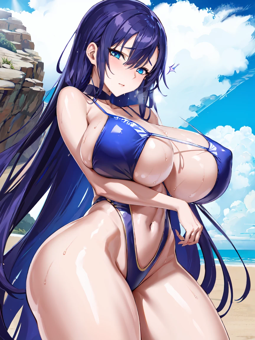 (masterpiece, best quality), high resolution, extremely detailed, (sexy:1.2), cinematic lighting,(Sexual expression:1.2), (Seductive Anime girl:1.3), (bold line:1.2),looking down at viewer , cowboy shot, gradation, //, a cute girl, 1gril, , (solo:1.2), //, Semi-long soft waves hair style, beautiful blue hair, (beautiful eyes), (Perfect eyes:1.2), (Perfect iris:1.2), (SFW huge breasts,pointy breast,coverd nipple), thick thighs, //, (one-piece  swimsuit:1.3), //, (droopy eyes:1.2), //, beach, tranquil atmosphere, //, sparkling effect, lens flare, shiny-glistening, shiny body, gleaming
