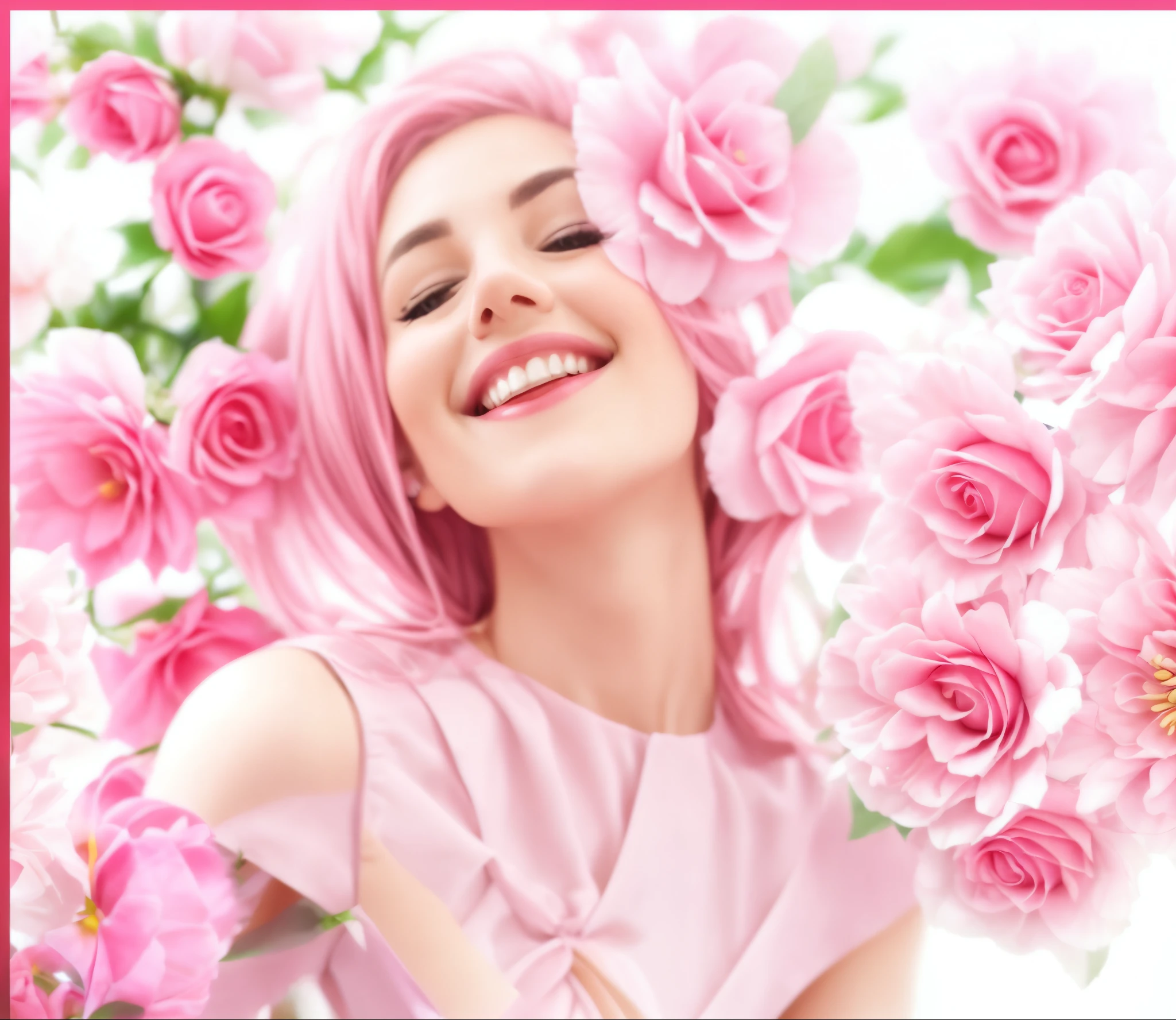 wearing a pink dress、Smiling woman with flowers in background, Woman in the flowers, beautiful and smiling, There are flowers, With a beautiful smile, cute women, with an elegant smile, adorable smile, beauty campaign, cute women, Enchanted smile, she expressing joy, laying on roses, dramatic smile pose complex, The beautiful, with a seductive smile, Happy girl, Valentine&#39;s Day Shuffle