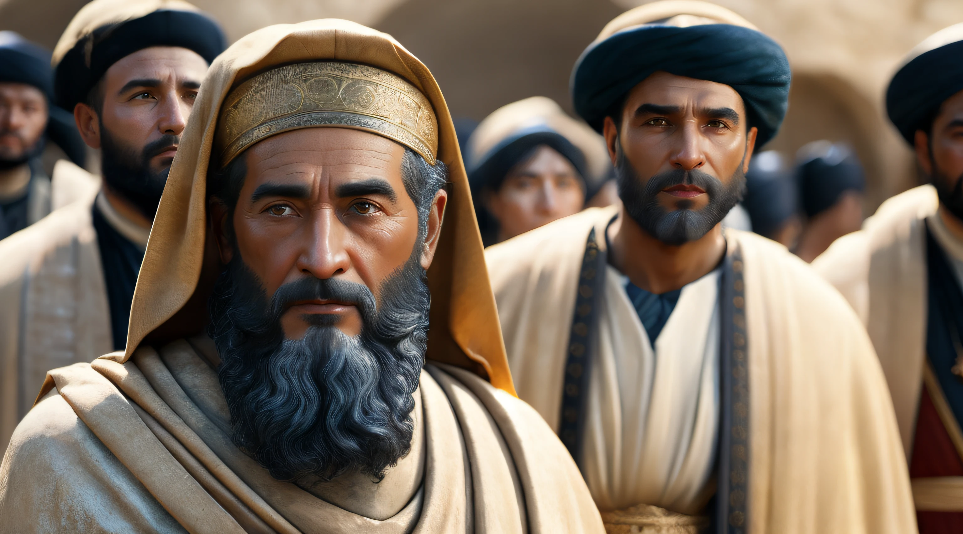 Ancient Israel、Biblical times、1st century、(((Religious Leaders)))、8K、Raw photography、top-quality、masterpiece:1.5、ultra-lightweighthigh-resolution、Photorealsitic:1.5、ciinematic light、soft volumetric lighting:1.5、realisitic、Photorealsitic:1、Detailed skin、profetional lighting、a picture、foco nítido、detaileds、profetional lighting、photon maping、detailed and intricate environment、ighly detailed、top-quality、Artistic photography、photorrealistic concept art、soft natural volumetric cinematic perfect light、Midjourney、Detailed hand、