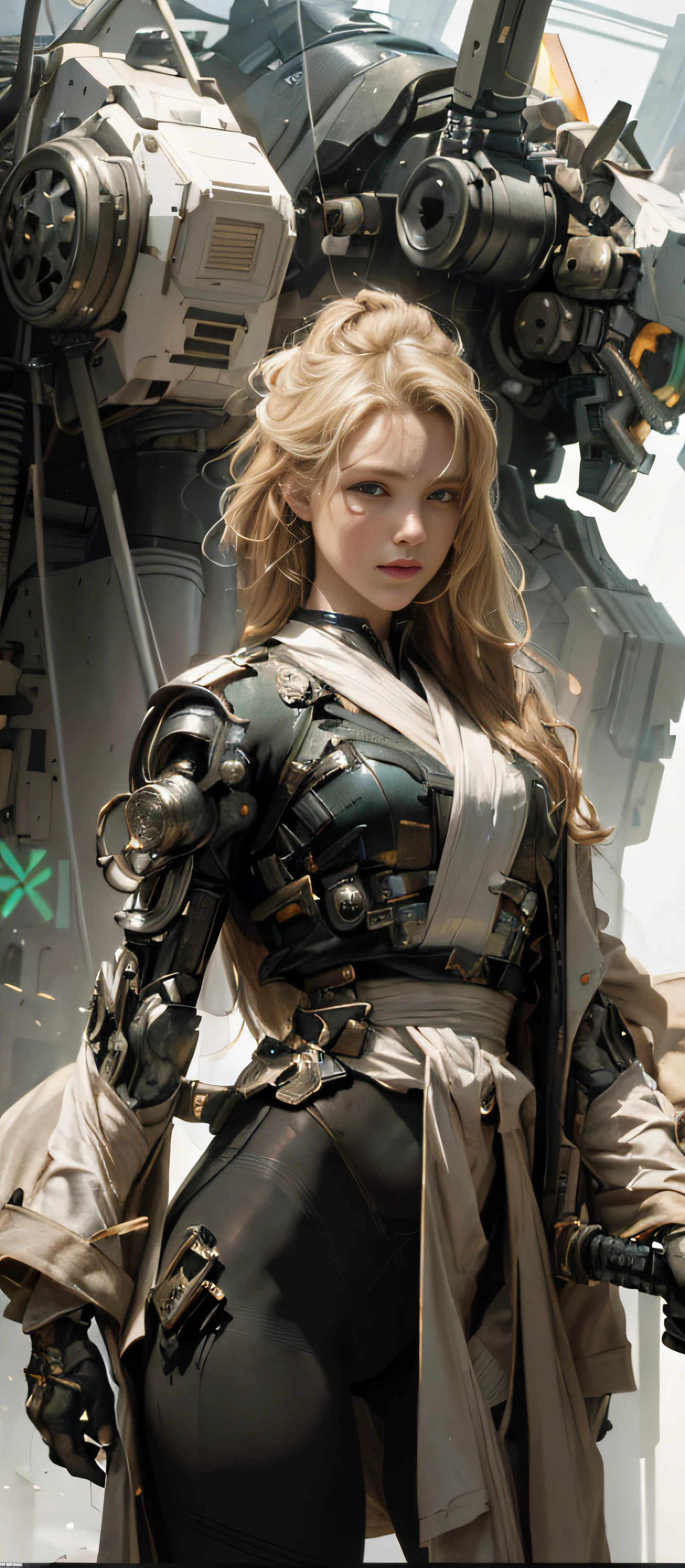 Masterpiece, Best Quality, Film, Official Art, Propaganda Art, Movie Wallpaper, Very Detailed CG Unified 4k Wallpaper, Intricate Details, White Background, Upper Body, Facial Focus, Concept Art, Production Art, ( , Highres, (realistic, photo-realistic:1.2), physically-based rendering, machinery, reflection, realistic, cyberpunk, symmetric front view close up head shot eyes symmetry face very sharp focus realistic award winning matte drawing movie light 1 boy, mecha, (Illustration: 1.1), slim, fair skin, delicate face, king robe, shine, tights, (long blonde hair), green eyes, battlefield, chip, shine, sword