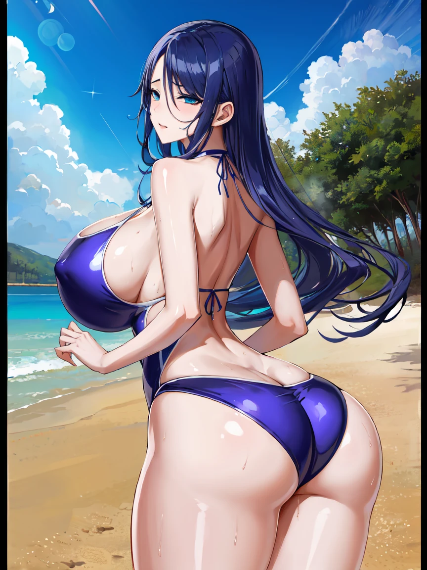 (masterpiece, best quality), high resolution, extremely detailed, (sexy:1.2), cinematic lighting,(Sexual expression:1.2), (Seductive Anime girl:1.3), (bold line:1.2),looking back, cowboy shot, gradation, //, a cute girl, 1gril, , (solo:1.2), //, Semi-long soft waves hair style, beautiful blue hair, (beautiful eyes), (Perfect eyes:1.2), (Perfect iris:1.2), (SFW huge breasts,pointy breast,coverd nipple), thick thighs, //, (one-piece swimsuit:1.3), //, (droopy eyes:1.2), //, beach, tranquil atmosphere, //, sparkling effect, lens flare, shiny-glistening, shiny body, gleaming