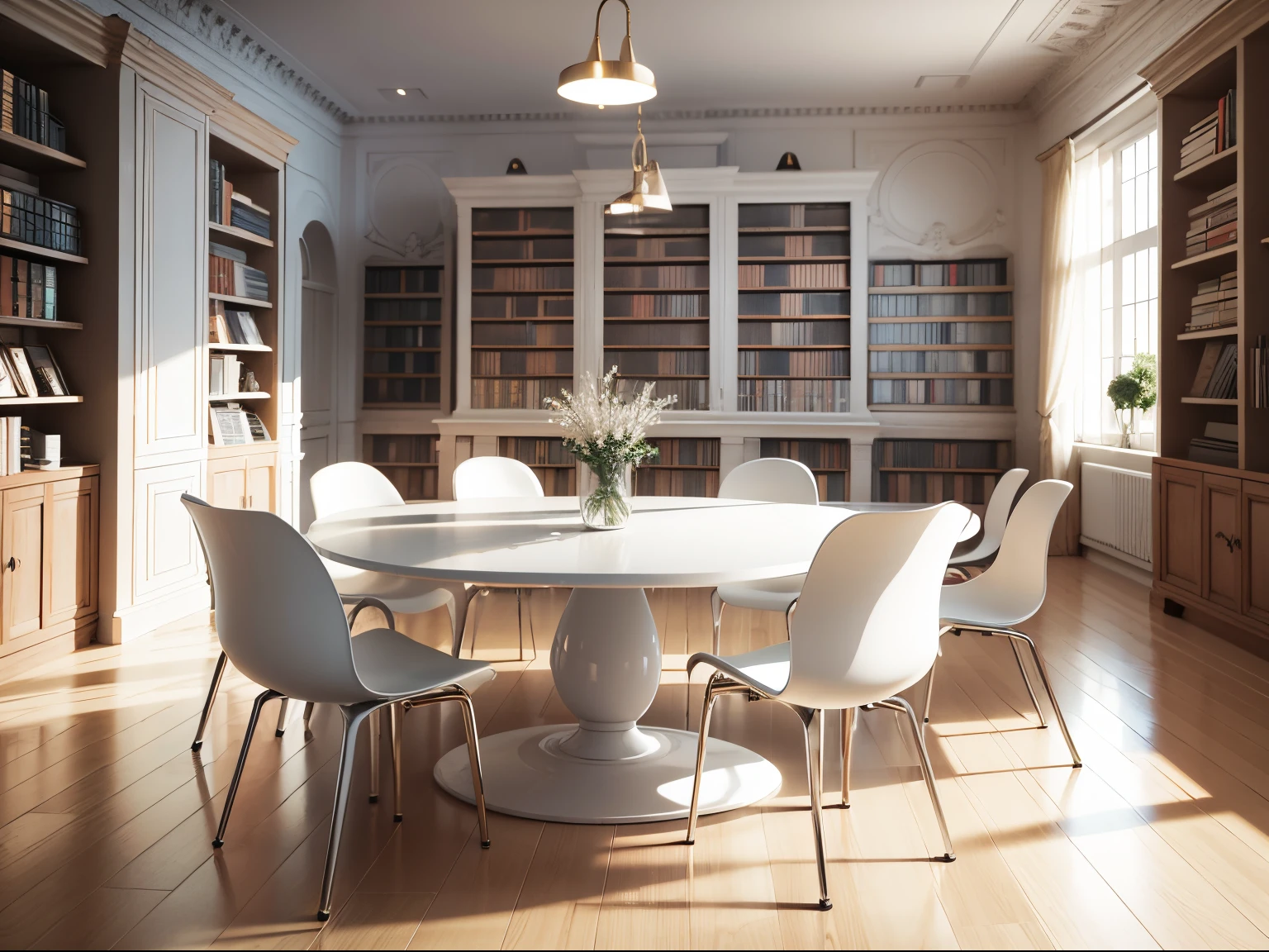 Biblioteca moderna, white furniture, feminine decoration. Ultra realista, alta qualidade, 8k.