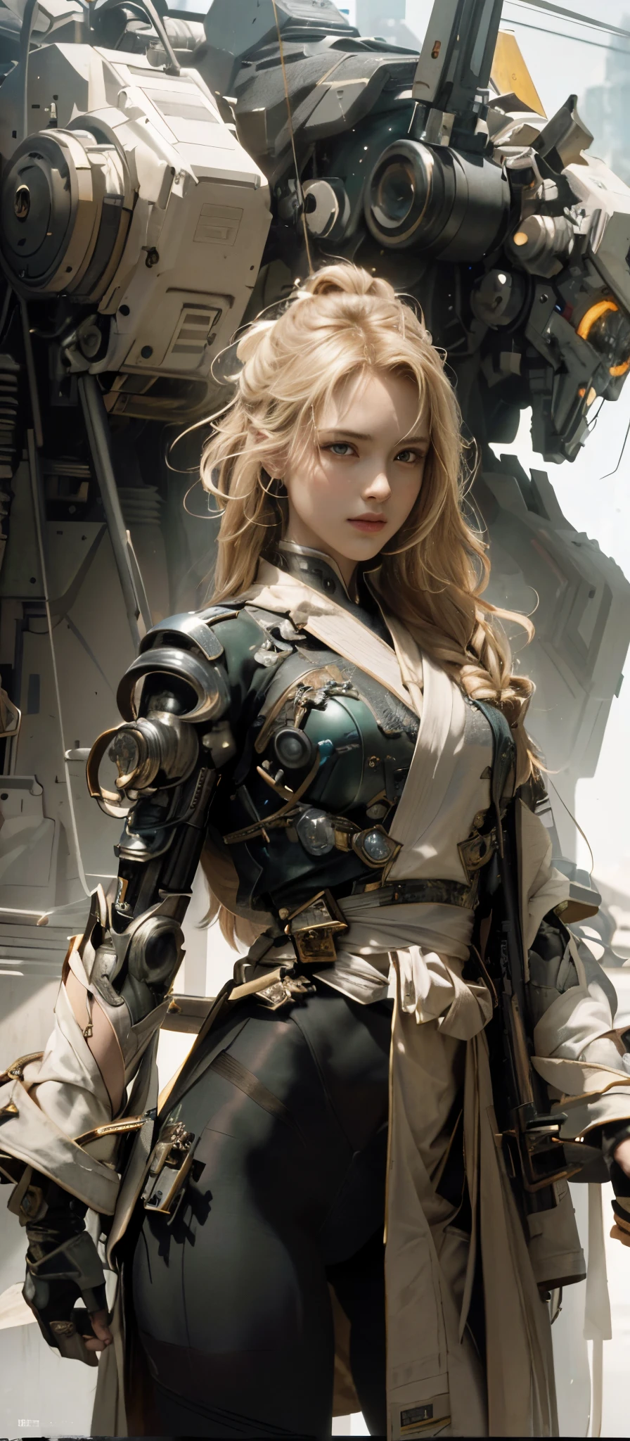 Masterpiece, Best Quality, Film, Official Art, Propaganda Art, Movie Wallpaper, Very Detailed CG Unified 4k Wallpaper, Intricate Details, White Background, Upper Body, Facial Focus, Concept Art, Production Art, ( , Highres, (realistic, photo-realistic:1.2), physically-based rendering, machinery, reflection, realistic, cyberpunk, symmetric front view close up head shot eyes symmetry face very sharp focus realistic award winning matte drawing movie light 1 boy, mecha, (Illustration: 1.1), slim, fair skin, delicate face, king robe, shine, tights, (long blonde hair), green eyes, battlefield, chip, shine, sword