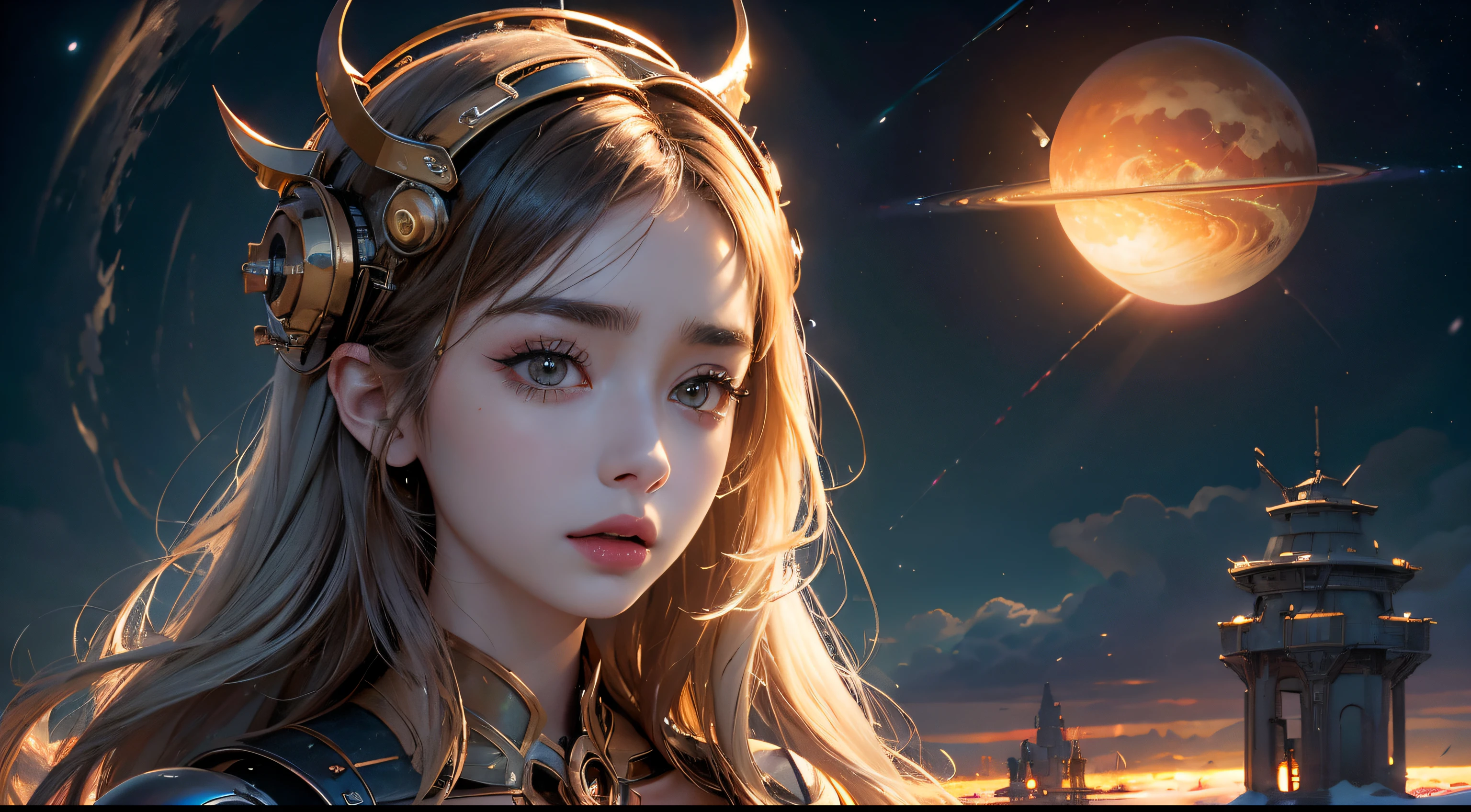 Lily Collins,realistic visual effects,attractive beauty,dramatic contrast,gentlesoftlighting,Delicate and warm,the soft light,hyper HD, Extremely colorful,best quality,perfect women figure,HighDynamicRange,long eyelasher,Unbeatable masterpiece,Snow-whiteskin,putting makeup on, Sexy goddess,Large metal mechanical gears,Strange sky,8K high image quality,A pair of big eyes are beautiful and moving,white skinned,cosmetics,Sexy Wear, 【Background with】big golden gear,Doomsday ruins,Giant tornado,The sunset burns the clouds,multiple planets,The end of the world,multiple planets,Maz,Jupiter,Lightning Thunder, mercury,Strange sky,