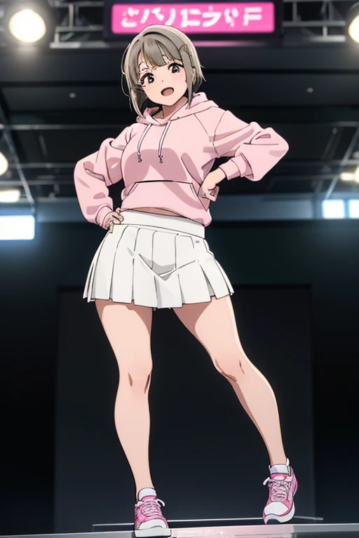 18year old, girl with, pink hoodie,White miniskirt,pleatedskirt, White underwear,Large breasts,Slightly larger buttocks,thick thighs, Narrow waist, Hairstyle is a bob cut, full body Esbian,The background is the live venue,The expression looks happy,Pose showing underwear