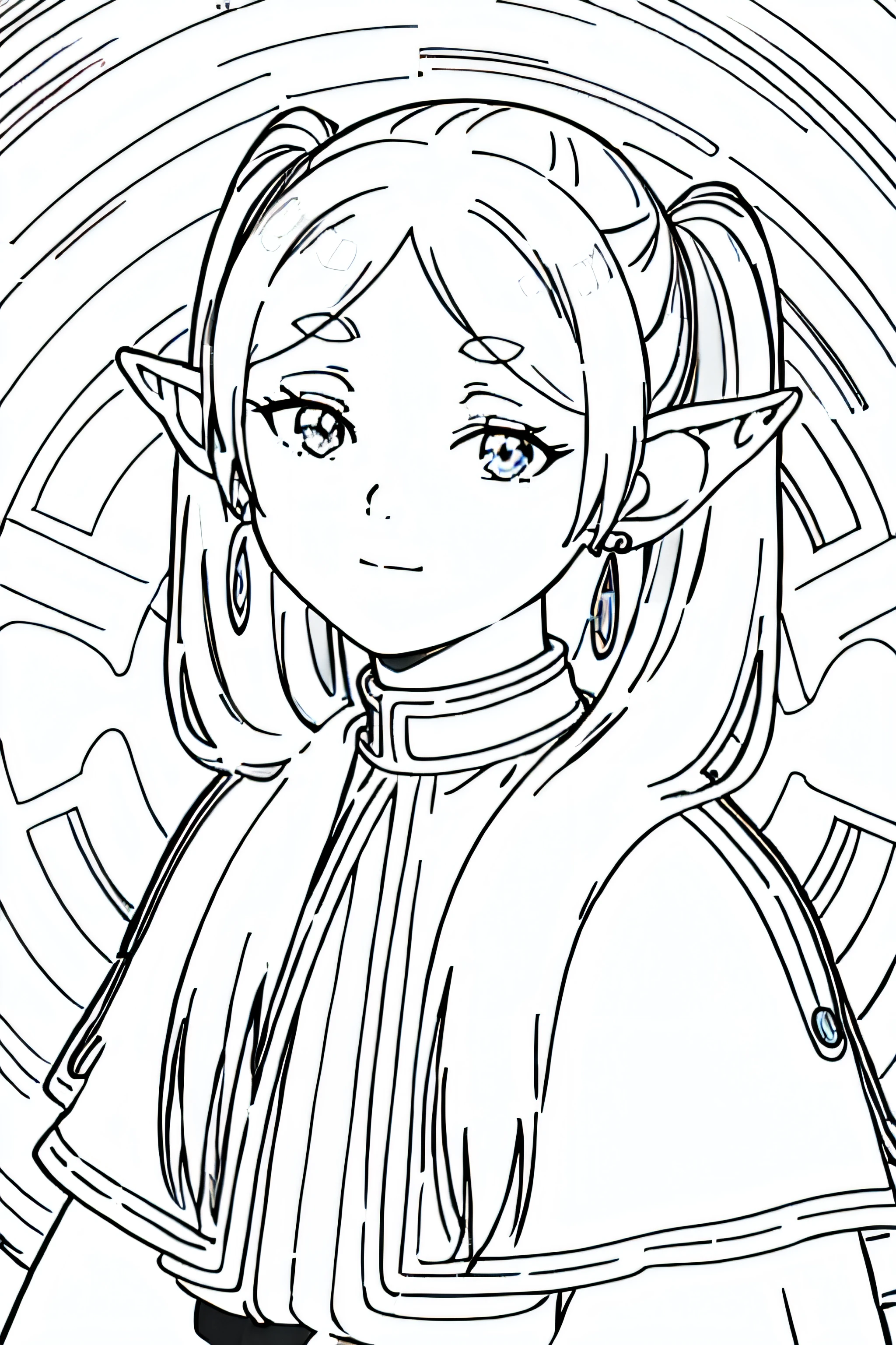 ((frieren)) portrait, shirt, long sleeves, jewelry, earrings, capelet, striped shirt, long hair, twintails, pointy ears, elf, smiling, floral frame, decorative panel, abstract, Art by Alphonse Mucha, sketch, character lines and scenes without colors and shadows. (Masterpiece, Best Quality, Highres:1.4), Detailed, Intricate Details, 4K, color splashes, line art, fibonacci
