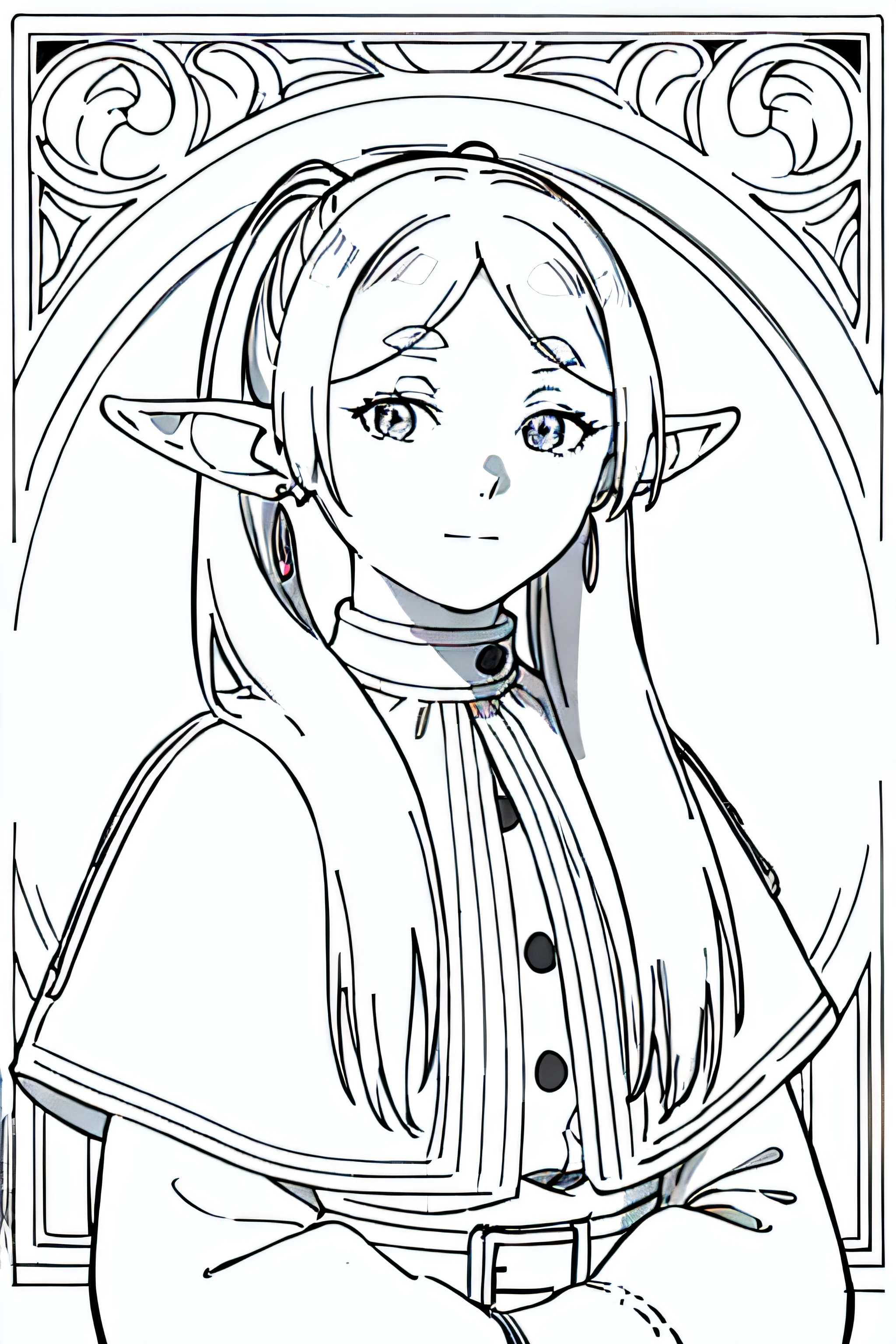 ((frieren)) portrait, shirt, long sleeves, jewelry, earrings, capelet, striped shirt, long hair, twintails, pointy ears, elf, smiling, floral frame, decorative panel, abstract, Art by Alphonse Mucha, sketch, character lines and scenes without colors and shadows. (Masterpiece, Best Quality, Highres:1.4), Detailed, Intricate Details, 4K, color splashes, line art, fibonacci