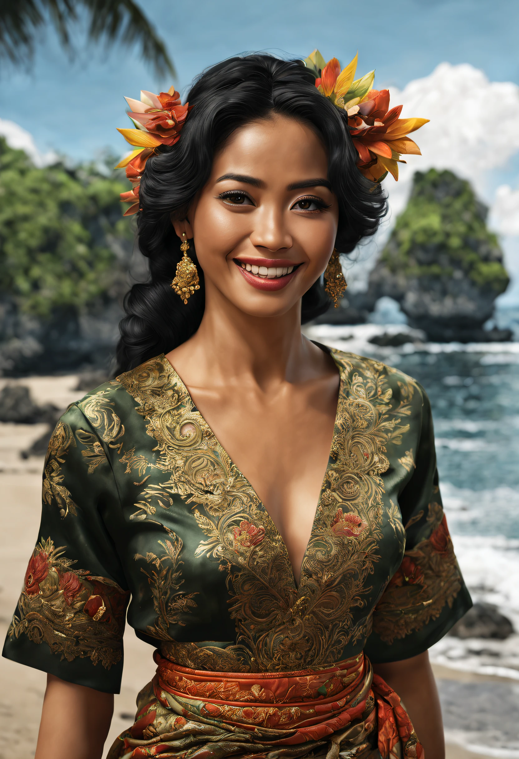 A beautiful pure black haired (Balinese:1.35) woman photo realistic portrait, donning Traditional Balinese Kebaya going to pray at the Temple nearby at Nusa Penida beach and smiles, insanely detailed and intricate background nature scene with some other characters and objects, a masterpiece cinematic photo realistic illustration of Color Comic Maestro Don Lawrence, super detailed, high resolution, full vibrant color, volumetric lighting, octane render, night time