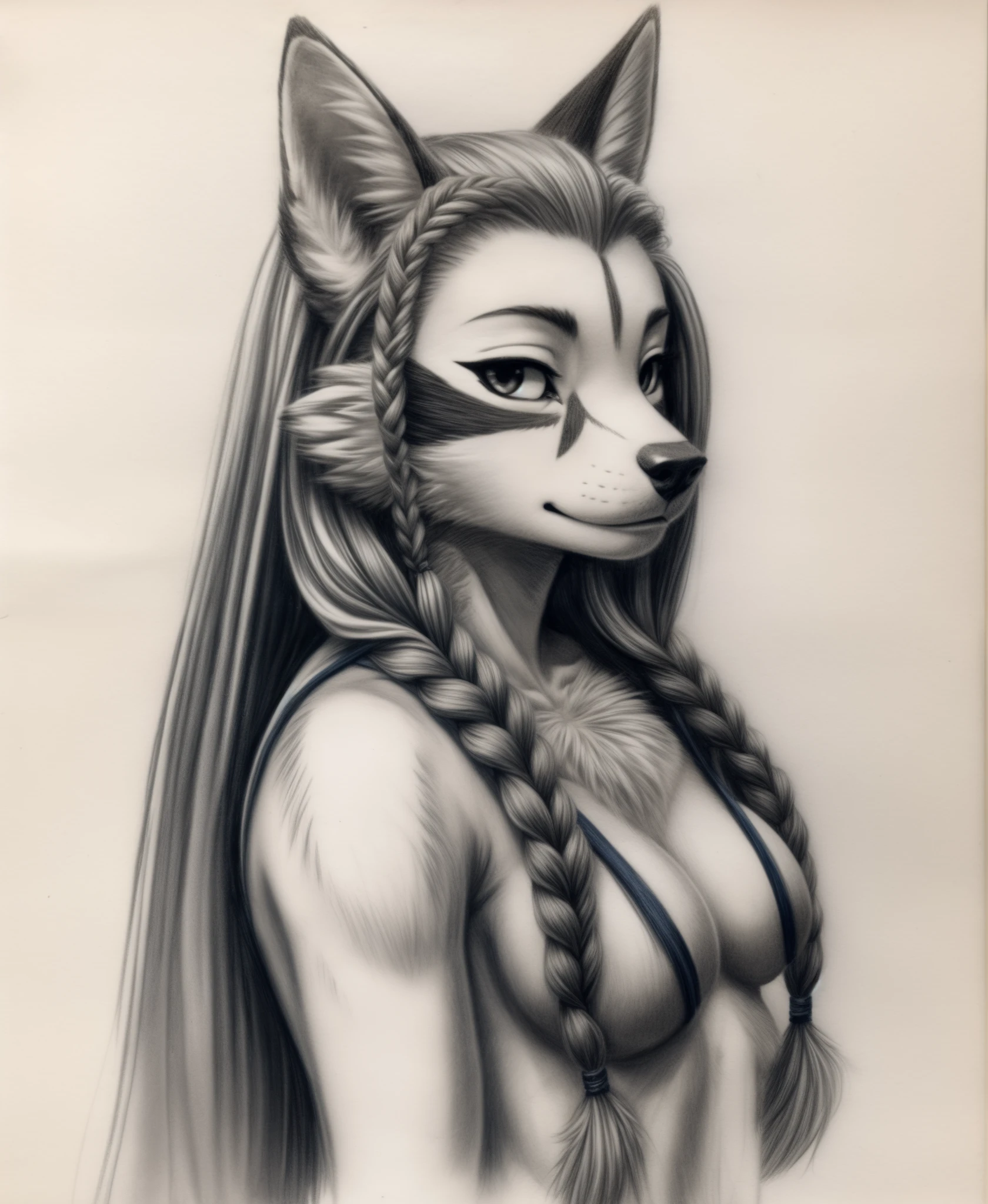 (furry female:1.2), (furry:1.2), (body fur:1.16), anthro, tail, 1girl, braid, gofu, greyscale, hyakko, long hair, sketch, solo, suzugazaki chie, traditional media, twin braids