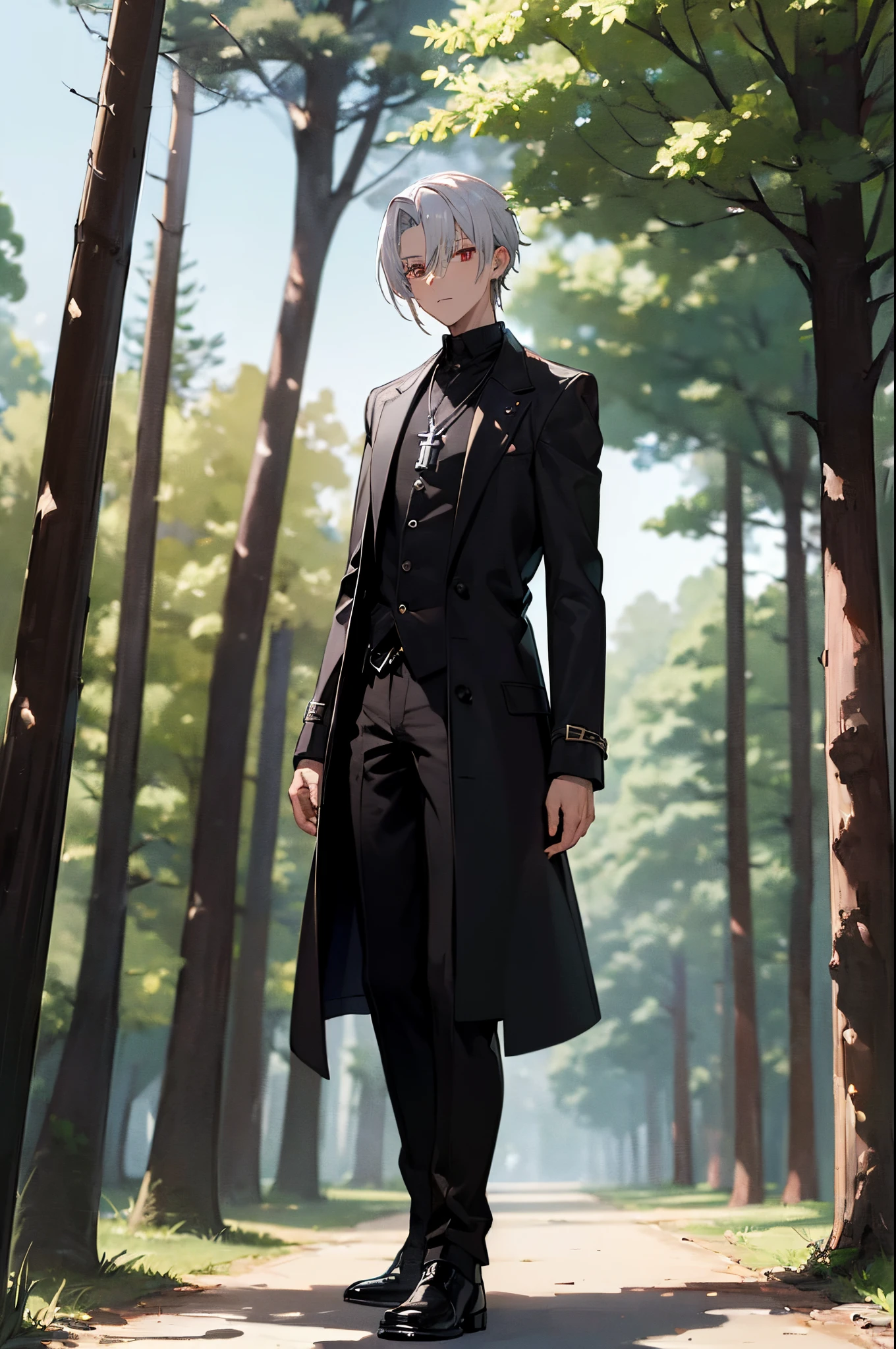 (masterpiece, best quality: 1.4), 1 boy, alone, white hair, red eyes, casual clothing, (black shirt), silver cross necklace, black trench coat, black pants, brown boots, standing, park, trees, outdoors, daytime, blue sky, ((dxd style))