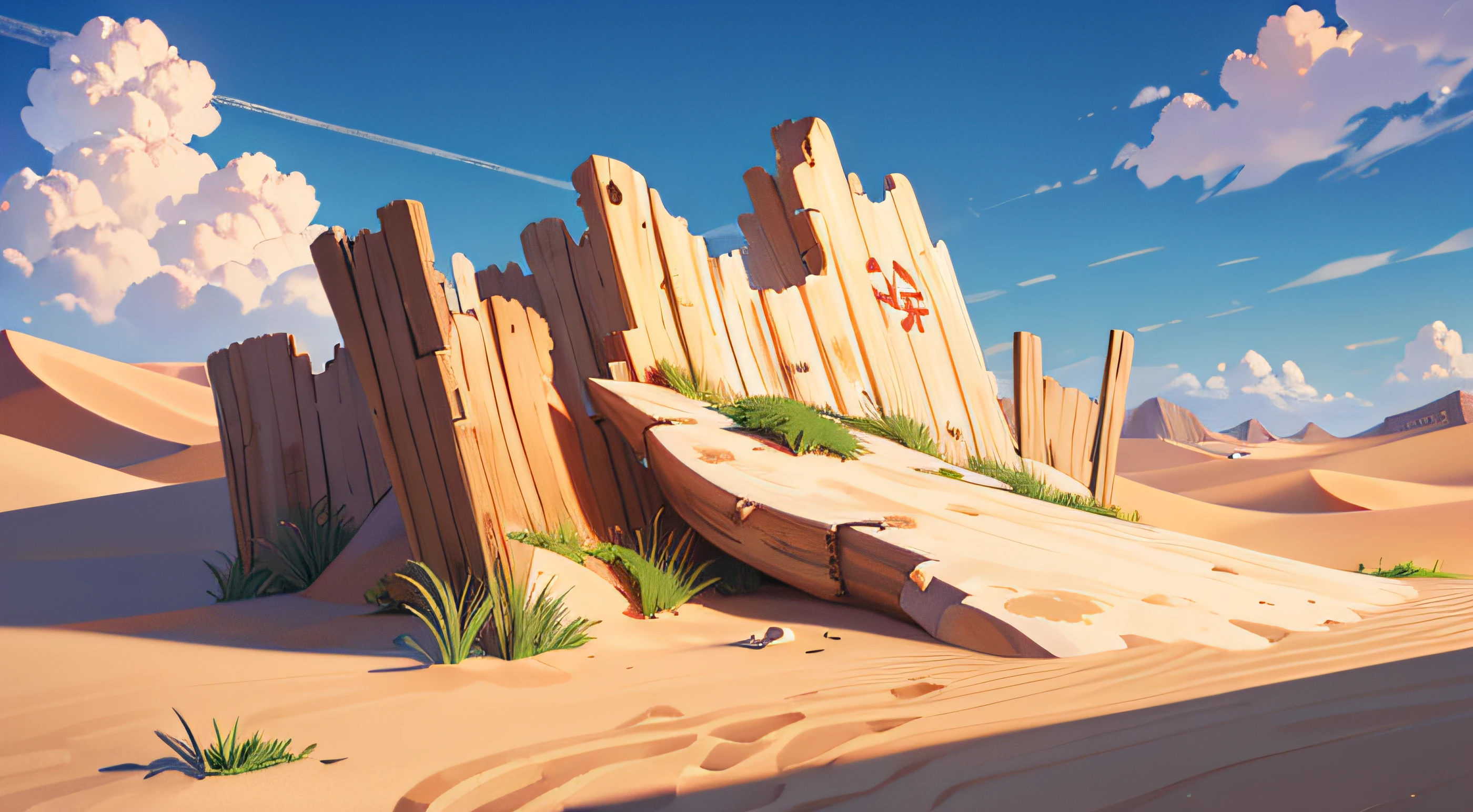 (illustrations : 1.0), photorealistic lighting, HD detail, 夏天, desert, sand, daytime, clouds, overcast, 12pm, Dead wood, Screen angle slightly looking down