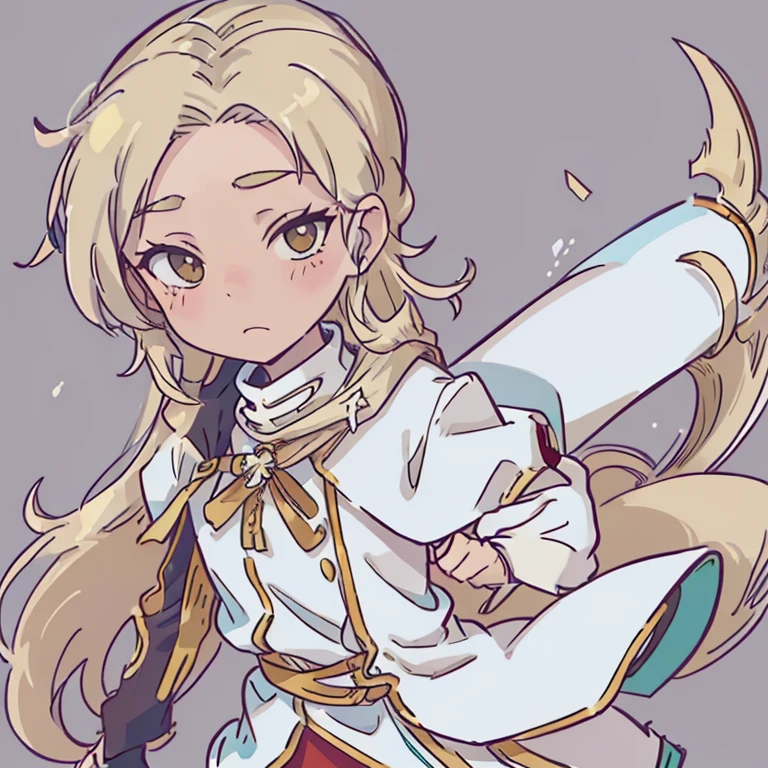 Crie um personagem masculino com roupas detalhadas vermelho e dourado, alto, with not so long blonde hair, segurando uma espada no meio da neve, com uma expressao meio raiovasa e marrenta, agachado e com brincos, estilo anime 2d