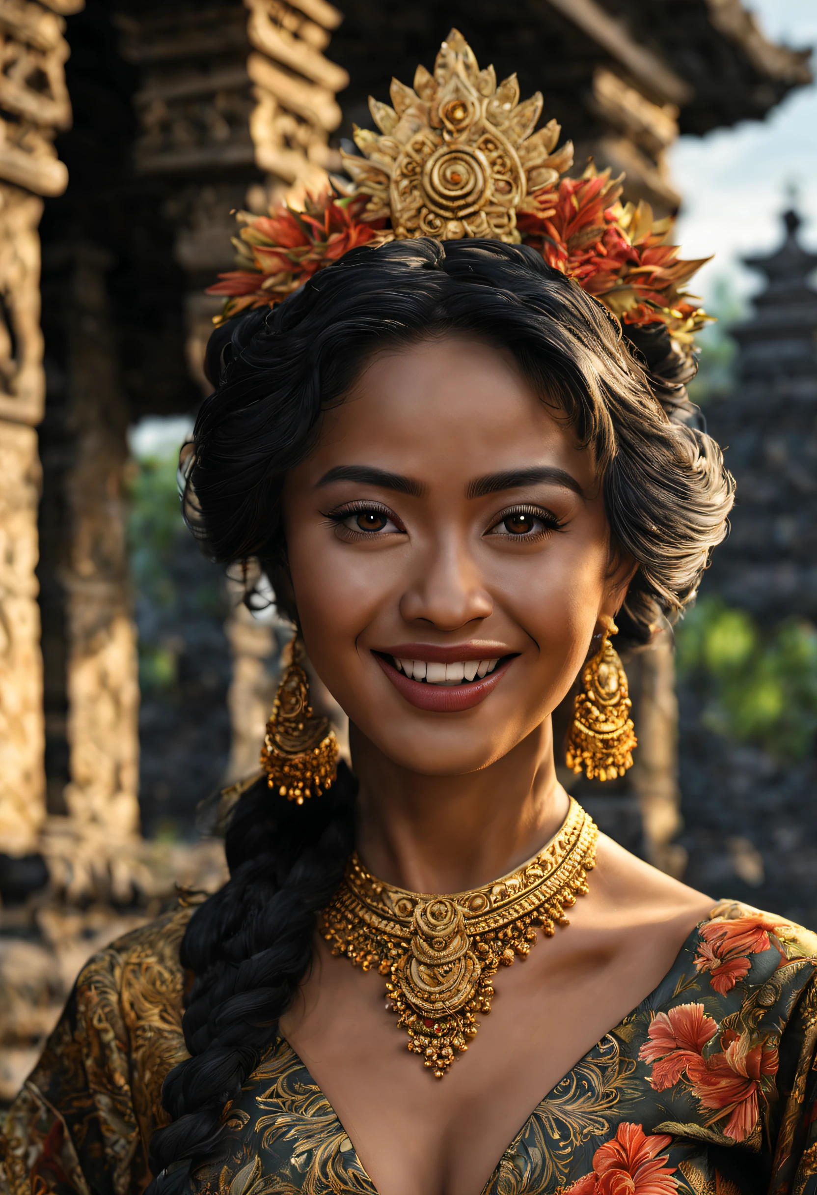 A beautiful pure black haired (Balinese:1.35) woman photo realistic portrait, donning Traditional Balinese Kebaya going to pray at the Temple nearby at Nusa Penida beach and smiles, insanely detailed and intricate background nature scene with some other characters and objects, a masterpiece cinematic photo realistic illustration of Color Comic Maestro Don Lawrence, super detailed, high resolution, full vibrant color, volumetric lighting, octane render, night time