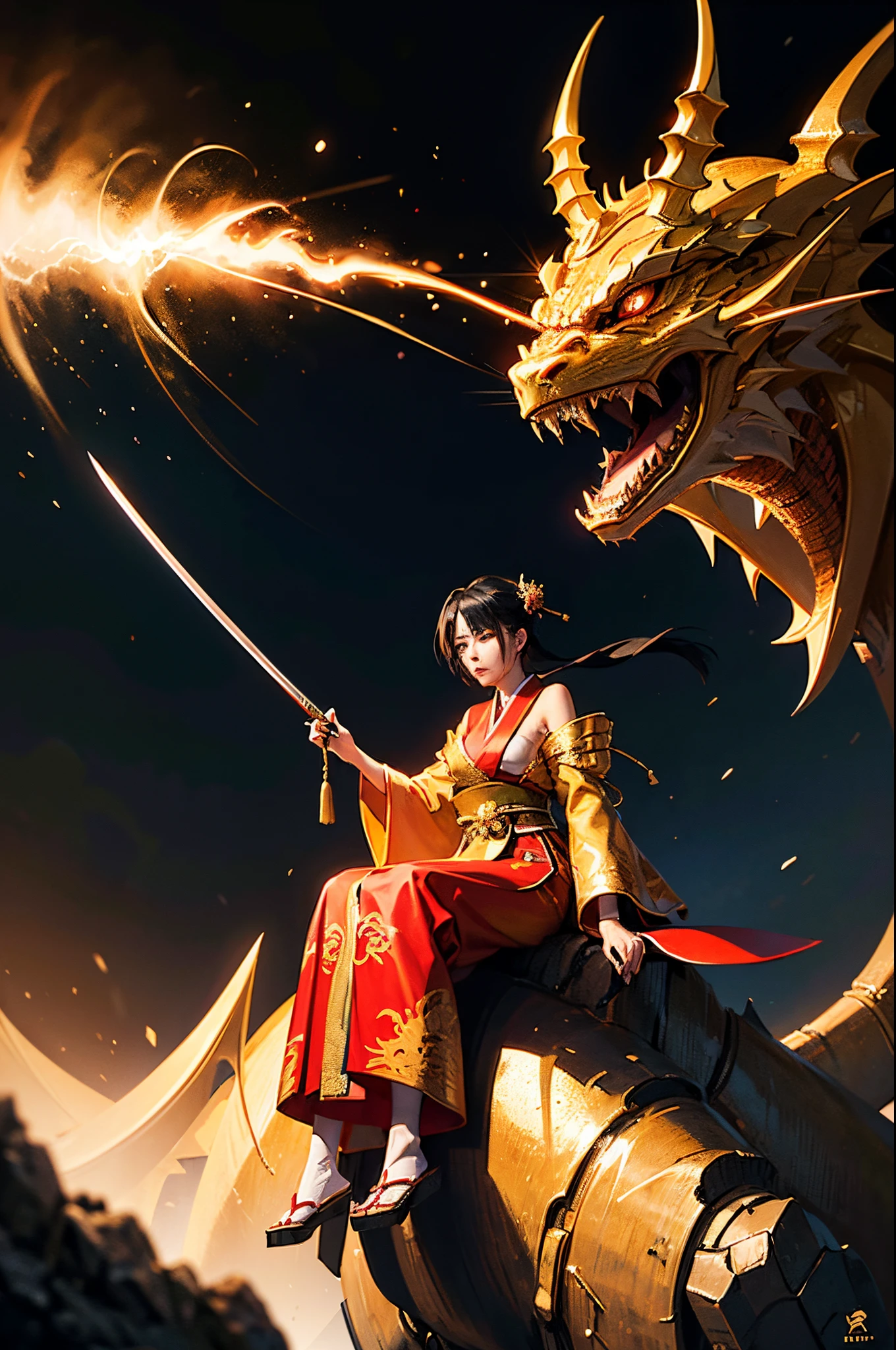 Woman Carrying a katana , wearing a large-sized traditional Japanese dress with a gold dragon pattern, covering her eyes with a red eye tie, Leaning a long katana on his shoulder, sitting sideways, his katana has a golden Chinese dragon pattern.HD lighting and dark )<=(epic image quality)dark atmosphere with bright particle light(many effects in background)