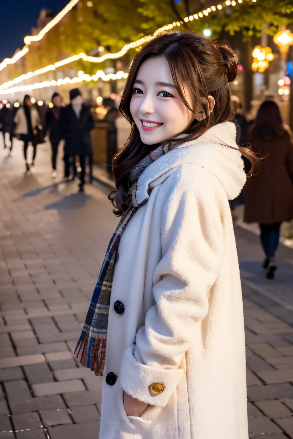 (top-quality、8K、32K、masterpiece,)Night city、Brick walkway、beautiful shining city、Colorful lights on street trees、warm illumination、Beautuful Women、Wearing a white coat、wearing a fluffy scarf、Hair fluttering in the wind、shy-smile、profile