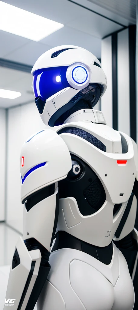 Close-up of a robot standing in a room with walls, in white futuristic armor, echo from overwatch, futuristic robot body, sci - fi suit, sci - fi details, science fiction suit, HEV Suit, neofuturistic highly detailed, energetic varia suit, cybersuit, glossy white armor, SCI - FI Characters, futuristic spacesuit, Modern clean white armor、Rear view、ember