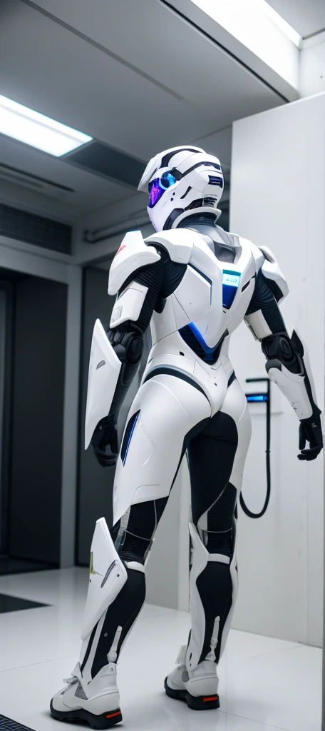 Close-up of a robot standing in a room with walls, in white futuristic armor, echo from overwatch, futuristic robot body, sci - fi suit, sci - fi details, science fiction suit, HEV Suit, neofuturistic highly detailed, energetic varia suit, cybersuit, glossy white armor, SCI - FI Characters, futuristic spacesuit, Modern clean white armor、Rear view、ember