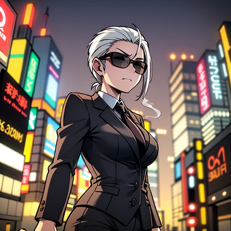 Yakuza,black professional attire, wearing a jet black suit with tie zero skin showing, white clear hair,scar on eye, currently smoking cigarette,Tokyo entertainment district, emotionless  scary,face,medium sized breast, skinny waist, plump butt,night,sunglaasses