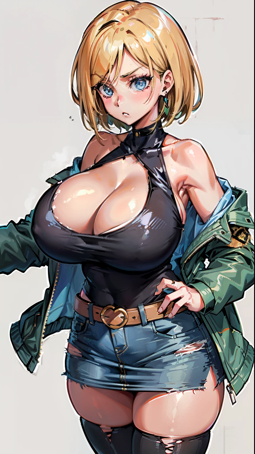 masterpiece, uncensored, tits, curvy, waifu, torn clothes, 1girl, android 18, breasts, torn shirt, torn legwear, blonde hair, skirt, jacket, torn sleeves, clothing cutout, rating:safe, solo, denim, cleavage, denim skirt, belt, shirt, long sleeves, bare shoulders, blue eyes, collarbone, off shoulder, denim jacket, green jacket, torn skirt, looking at viewer, torn pants, short hair, black shirt, medium breasts, pantyhose, belt buckle, large breasts, simple background, standing, hair intakes, open jacket, cleavage cutout, black legwear, tank top, pencil skirt, closed mouth, grey background, white background, buckle, cowboy shot, looking away, torn jacket, from above, miniskirt, black belt, open clothes, earrings, aqua eyes,(gigantic and massive tits:1.1), breasts, curvy milf, 1:2), closeup, titsnipples