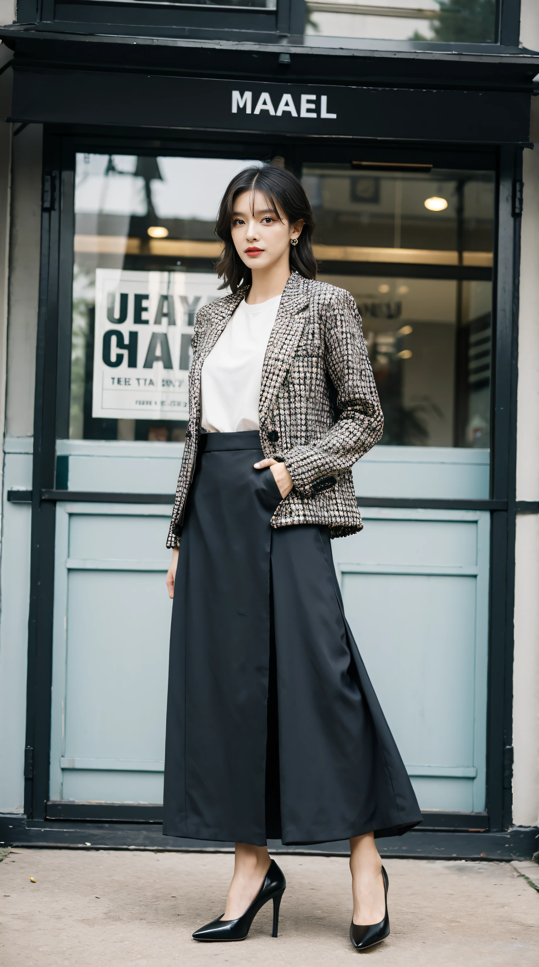 Best quality,tmasterpiece,超高分辨率,(realness:1.4),RAW photos,hyper HD,8K,There is one girl,Stylish clothes,Chanel style,Stylish skinny suit, wearing jacket and skirt,high-class fashion,ellegance, Long skirt and short jacket,best selling, high-heels,Casual pose