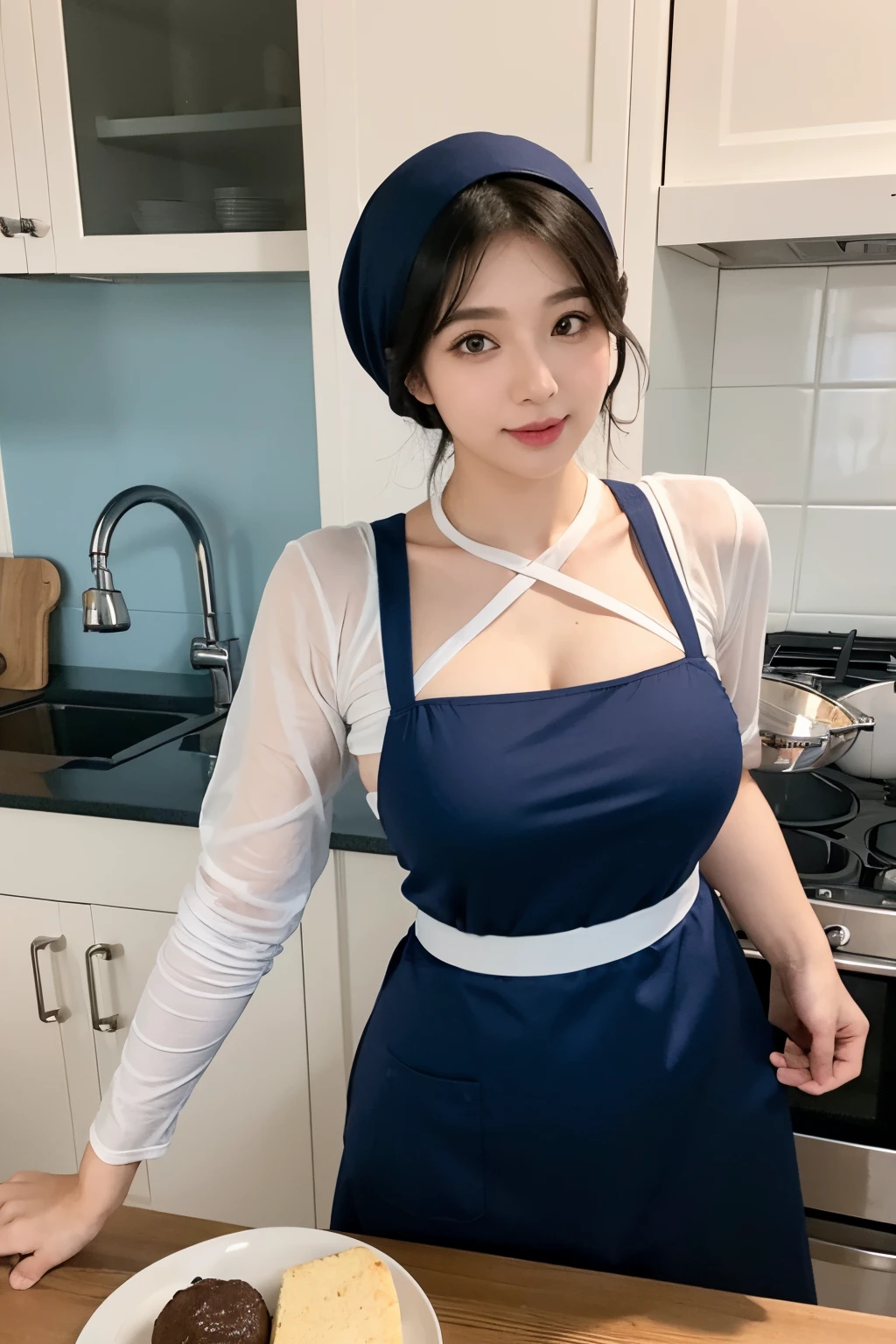 Woman cooking、age19、(Dressed naked with hijab，Wear a slim mini apron:1.3)、4K、((hight resolution、tmasterpiece、top-quality:1.3)),Fine skin、sharp focus、Soft lighting、dynamic ungle、(Detailed face:1.2)、(((In the kitchen))) Cute smile　Viewer's Perspective　Colossal tits　tying  hair　Sleeveless　Stretch your upper arms　Stretch your shoulders　cleanness　Large kitchen　Beautiful kitchen　((Beautiful straight wavy curls，By bangs))　put down hands，Prepare the coffee　a little bit smile　((There is no fabric on the back of the apron、Cracks in the buttocks are perfectly visible.))((It's sex in the kitchen:1.3))(((This is a sex apron)))(((Cracks in the buttocks are perfectly visible)))((Stretch the buttocks further，Exposing cracks))at this、Very thick and rigid upright type available　This is a very big one .. Juice overflows from the opening of the girl's vagina