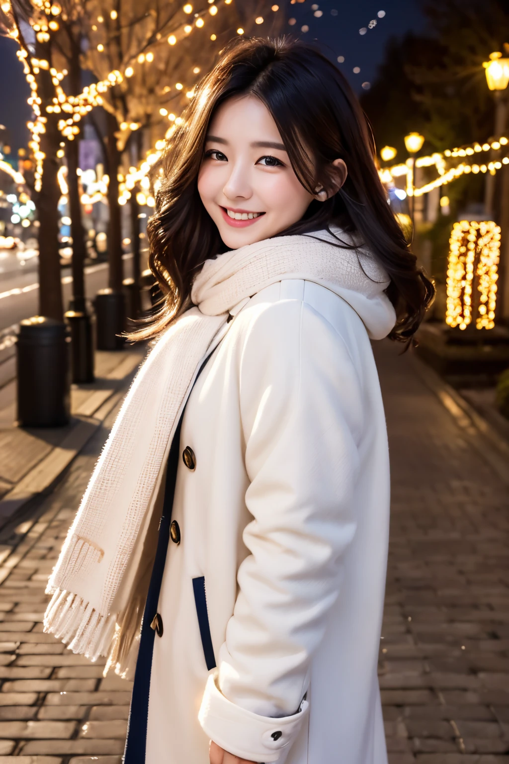 (top-quality、8K、32K、masterpiece,)Night city、Brick walkway、beautiful shining city、Colorful lights on street trees、warm illumination、Beautuful Women、Wearing a white coat、wearing a fluffy scarf、Hair fluttering in the wind、shy-smile、profile