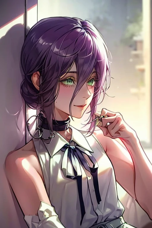 Una chica, 20 year, ojos verdes esmeralda, cabello morado,, cabello corto, pechos medianos, caderas amplias, trasero firme, camisa blanca, camisa blanca cerrada, camisa sin botones, camisa sin mangas, una cinta negra delgada con un nudo mariposa en el cuello de su camisa, piel blanca, tez clara, gargantilla con un alfiler como granda, falda corta, falda negra, falda ajustada, pantis negros, a lock of hair that divides his face, a bun at the bottom of her neck that gathers her hair, mechones que enmarcan su cara, unas botas negras medianas, mirando una ventana en un edificio alto en japon, happy and serene expression.