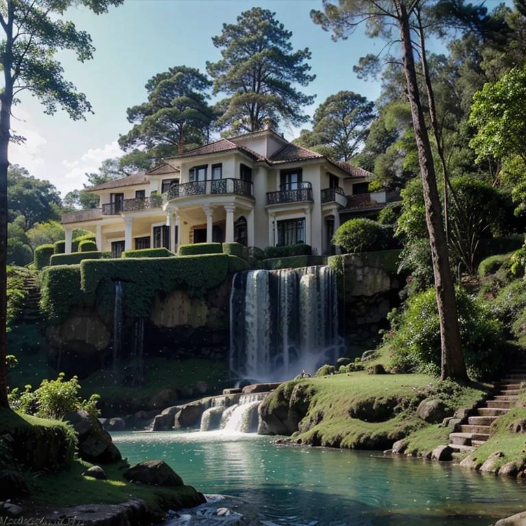 Mansion in the forest with a beautiful waterfall, luz del sol.