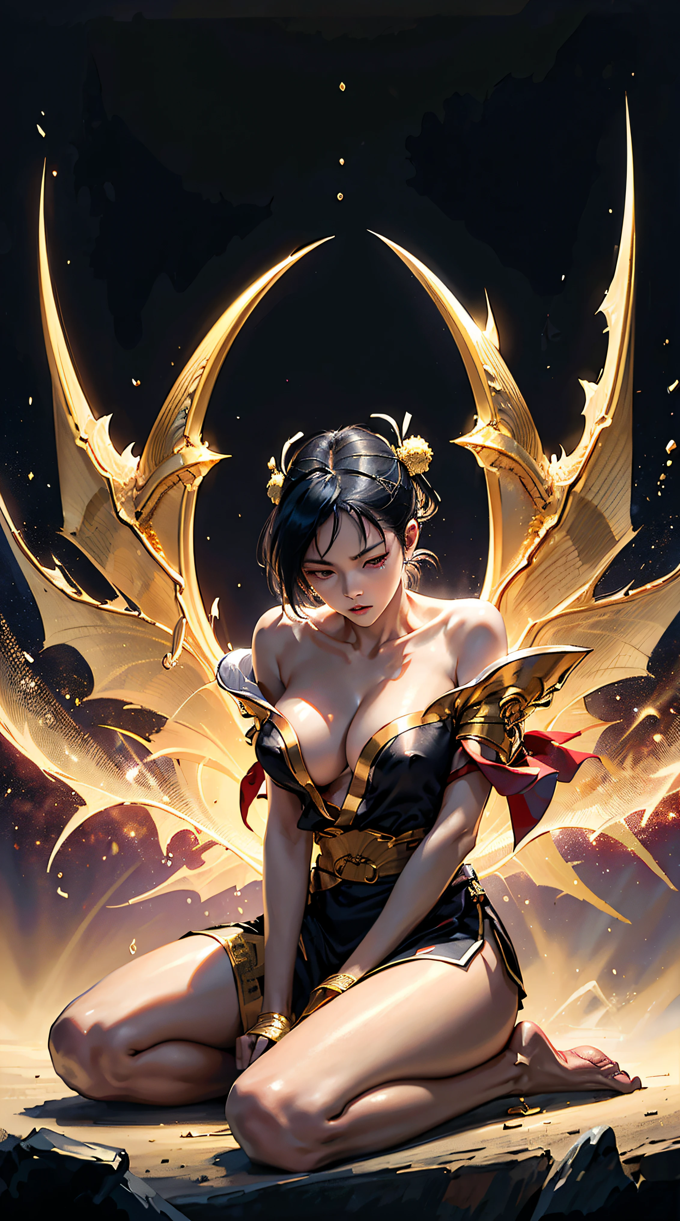 Woman Carrying a katana , wearing a large-sized traditional Japanese dress with a gold dragon pattern, covering her eyes with a red eye tie, Leaning a long katana on his shoulder, sitting sideways, his katana has a golden Chinese dragon pattern.HD lighting and dark )<=(epic image quality)dark atmosphere with bright particle light(many effects in background)