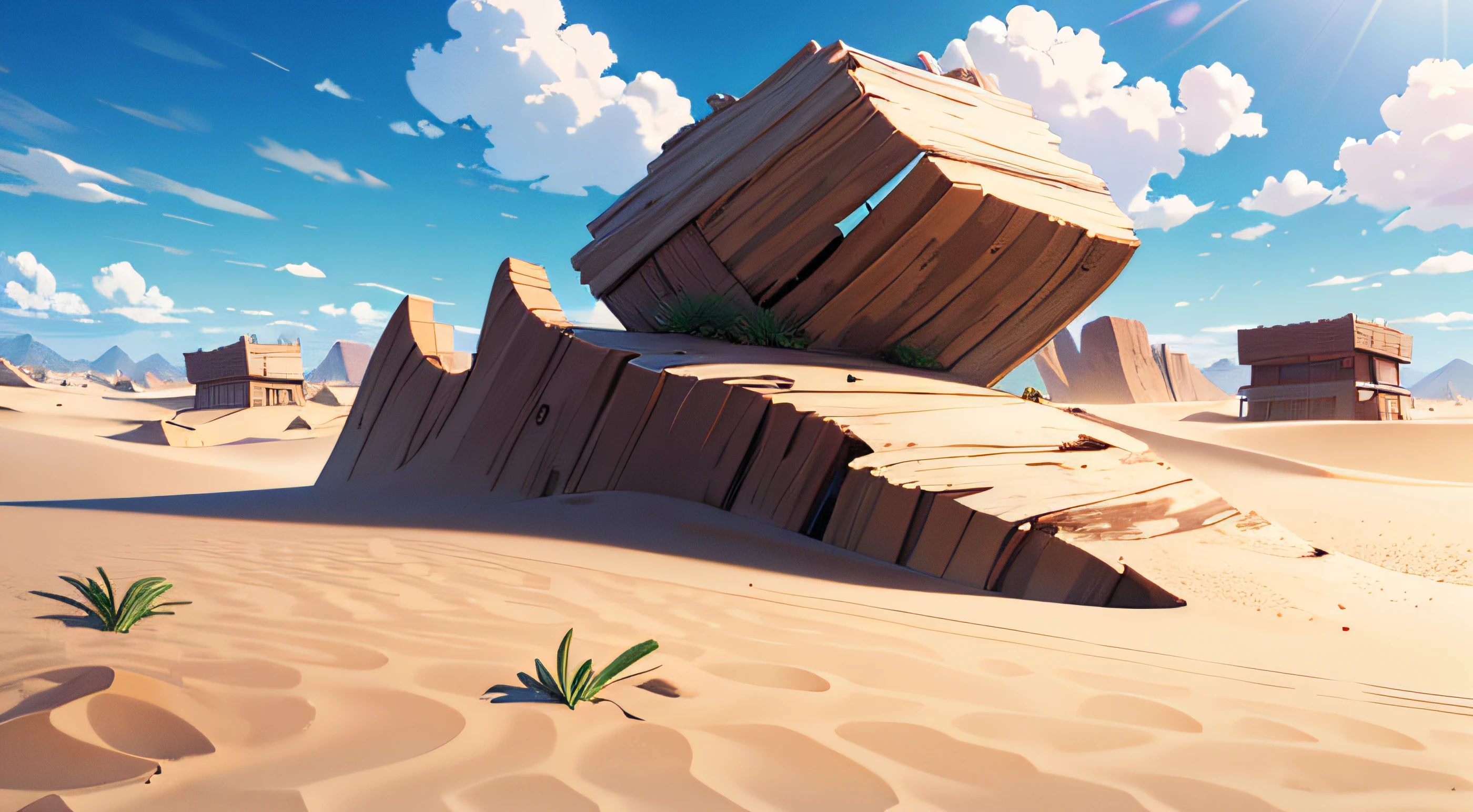 (illustrations : 1.0), photorealistic lighting, HD detail, 夏天, desert, sand, daytime, clouds, overcast, 12pm, Dead wood, Screen angle slightly looking down