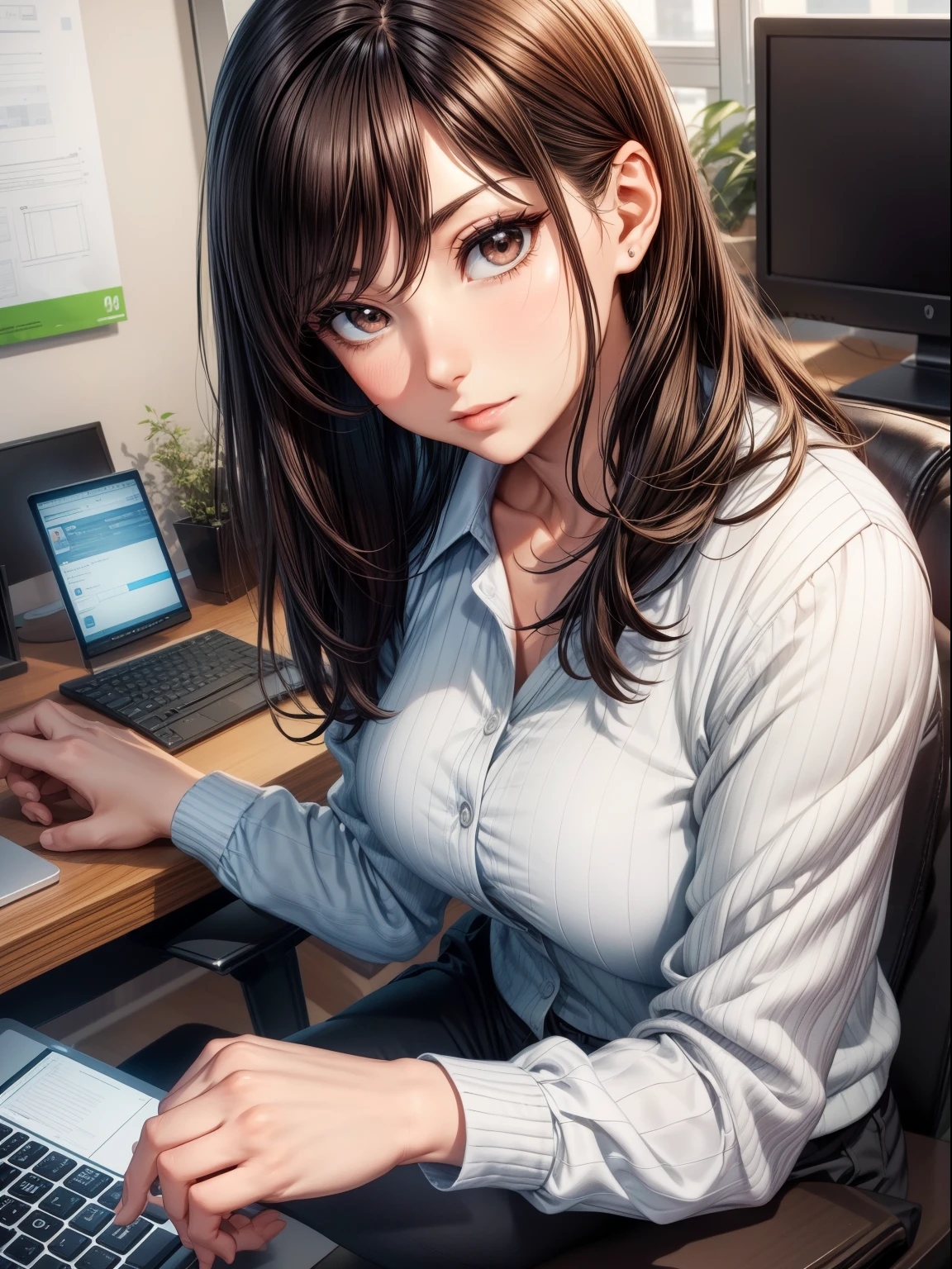 Best Quality, masutepiece, beautiful mature women、Beautiful face、Strong-minded woman、Office Suits、Black pants、brown haired、Brown-eyed、Longhaire、Undersized eyes、Full body like、Generate an image of a beautiful 35-year-old female manager gently guiding a 22-year-old male subordinate on how to use a computer