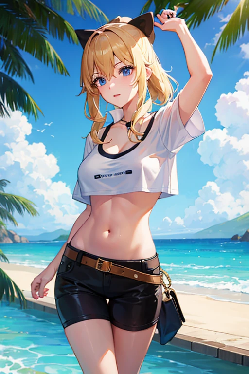 1 girl, white collarless t-shirt, short sleeves, happy, looking straight ahead, blond hair, boobs cup c