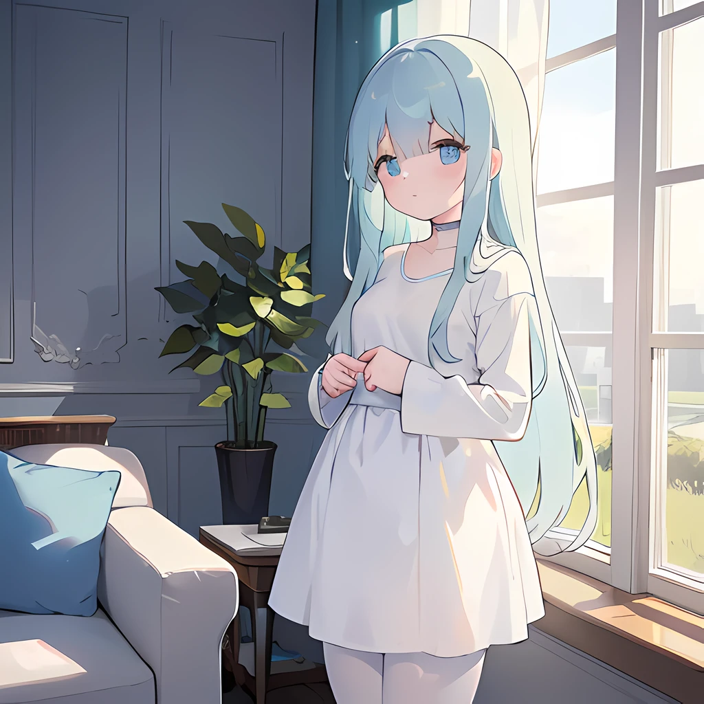 masutepiece,Best Quality,Backlight,Tindall Effect,Crepuscular rays,1 witch girl, Standing by the window, Blue eyes,Cold expression,light green t-shirt,White pantyhose,Small_breasts,n,livingroom,white cloth sofa,White blanket,White curtains