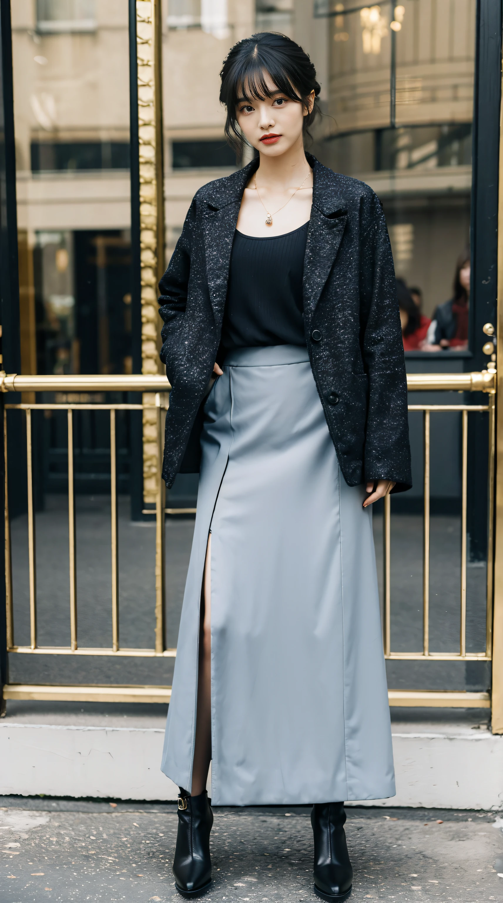 Best quality,tmasterpiece,超高分辨率,(realness:1.4),RAW photos,hyper HD,8K,There is one girl,Stylish clothes,Chanel style,Stylish skinny suit, wearing jacket and skirt,high-class fashion,ellegance, Long skirt and short jacket,best selling, high-heels,Casual pose