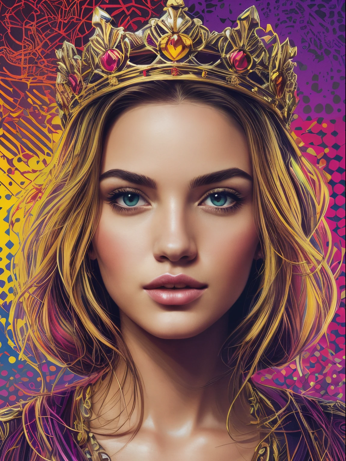 ((best quality)), ((masterpiece)), ((detailed))), beautiful, FISideRightFace, side right face, perfect face, abstract beauty, Create a digital art work in pop art style, luxury elegance bold with hint of feminine, happy & youthful, authentic, brave, princess wearing crown, (purple), (gold), centered, key visual, intricate, highly detailed, breathtaking beauty, precise lineart, vibrant, comprehensive cinematic, Carne Griffiths, Conrad Roset, vector art, Colorful graffiti illustration, (the most beautiful portrait in the world:1.5)