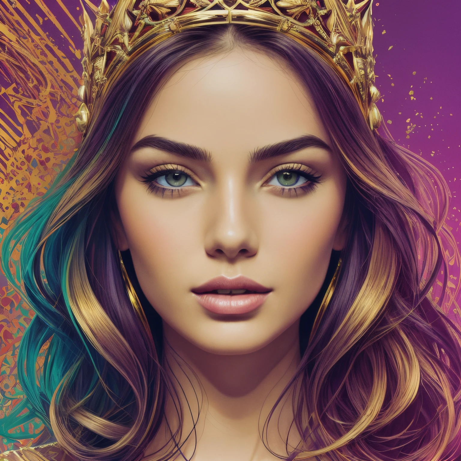 ((best quality)), ((masterpiece)), ((detailed))), beautiful, FISideRightFace, perfect face, abstract beauty, Create a digital art work in pop art style, luxury elegance bold with hint of feminine, happy & youthful, authentic, brave, princess wearing crown, (purple), (gold), centered, key visual, intricate, highly detailed, breathtaking beauty, precise lineart, vibrant, comprehensive cinematic, Carne Griffiths, Conrad Roset, vector art, Colorful graffiti illustration, (the most beautiful portrait in the world:1.5)