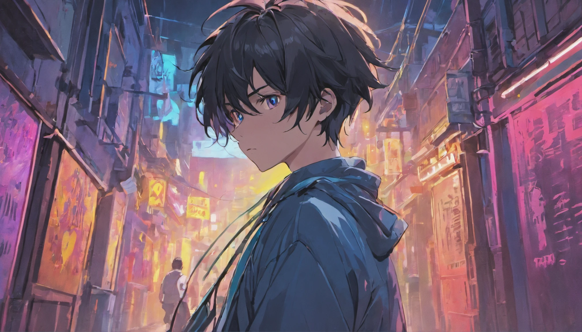 Young man with black hair,Wrapped in the neon glow of the back alley, alex trains vigorously, Demonstrate resilience and a commitment to self-improvement, Colors pulsate with each powerful movement,Best Quality,male people,