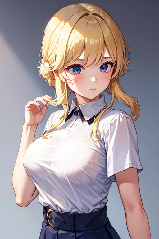 1 girl, only white collarless t-shirt, short sleeves, happy, looking straight ahead, blond hair, boobs cup c