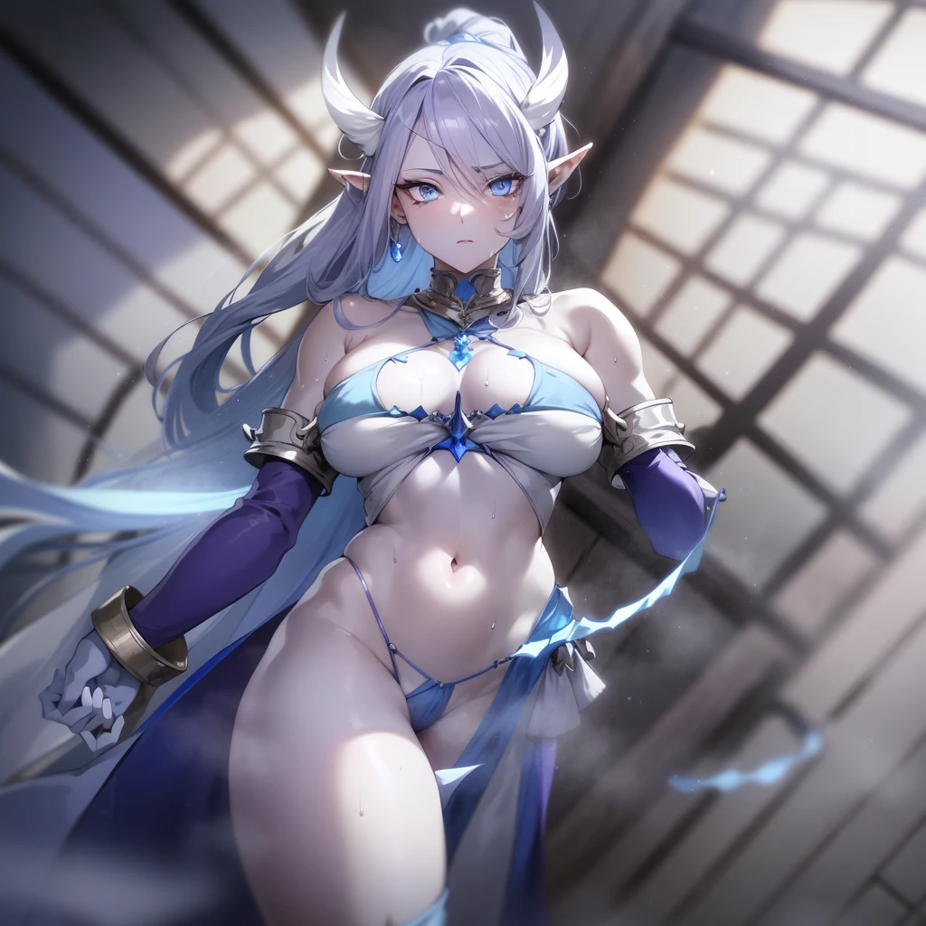 A tall and beautiful elf woman, light blue glowing eyes, cold expression, proud posture, chest up, lavender skin, purple facial tattoos, silver tied hair, exposed chest, exposed shoulders , showing her navel and thighs, looking up at the camera, with sweat on her body, her wet body, in a medieval inn.