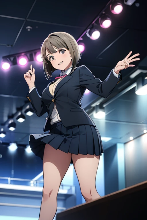 18year old, girl with, Dark blue blazer clothes,pleatedskirt, White underwear,Large breasts,Slightly larger buttocks,thick thighs, Narrow waist, Hairstyle is a bob cut, full body Esbian,The background is the live venue,Looks happy,The composition is low angle