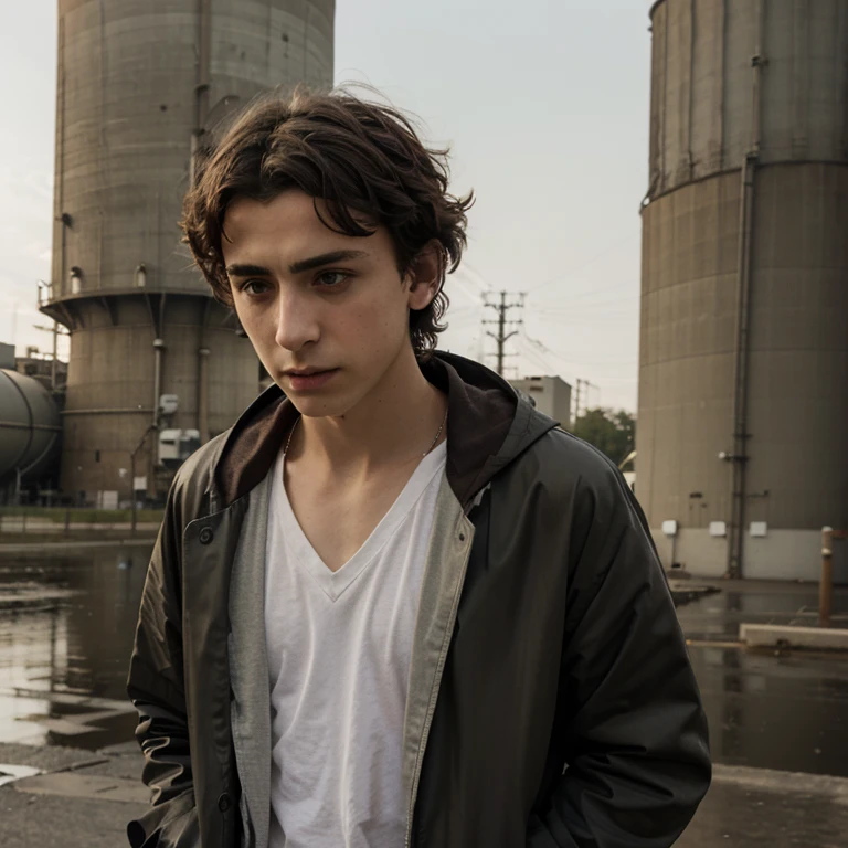 sad timothee chalamet in front of georher power plant