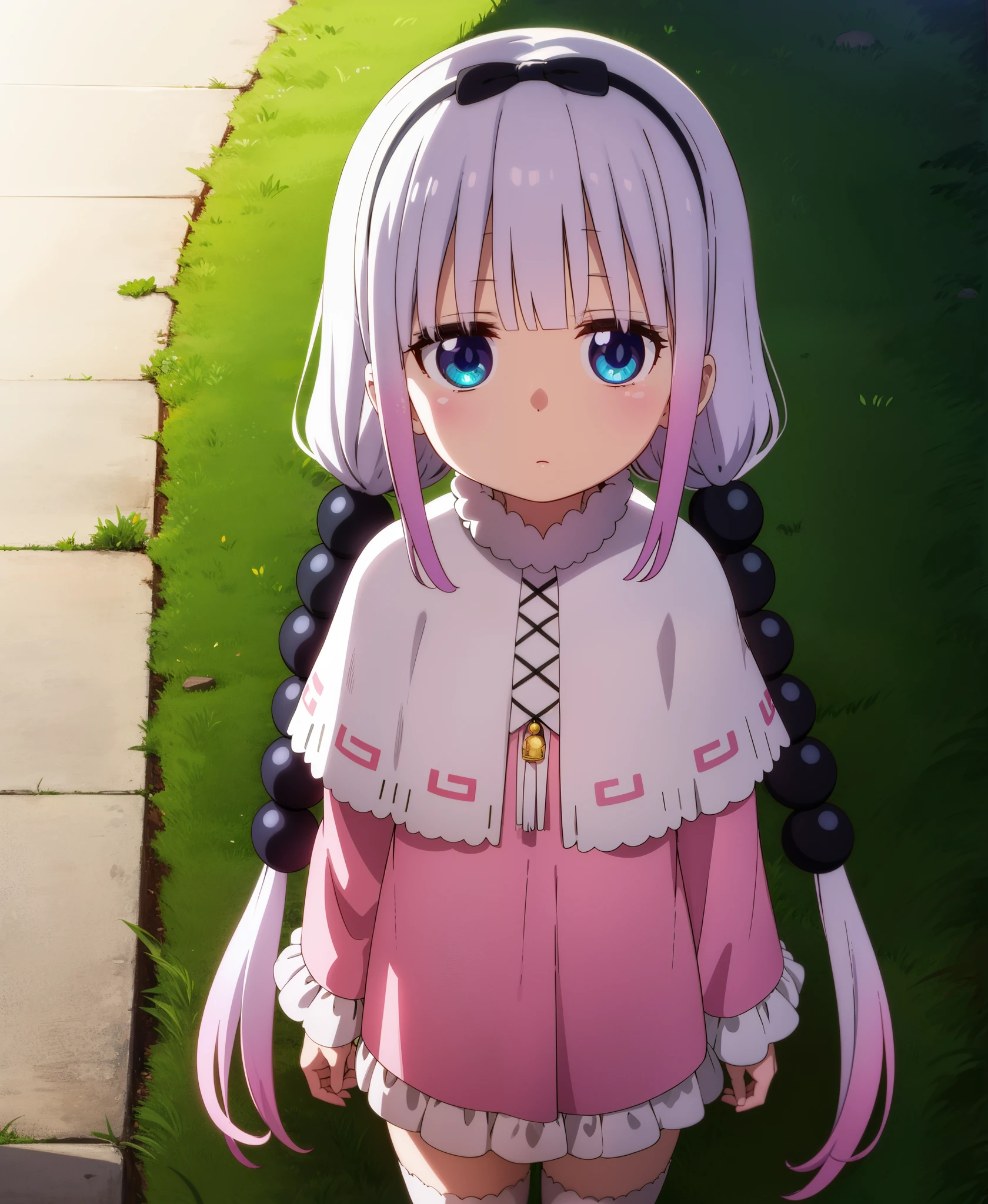 kanna kamui, long hair, bangs, blue eyes, hair ornament, twintails, blunt bangs, low twintails, light purple hair, beads, dragon girl, hair beads, hairband,thighhighs, long sleeves, dress, capelet, juliete sleeves, upper body, from above, looking at viewer, standing